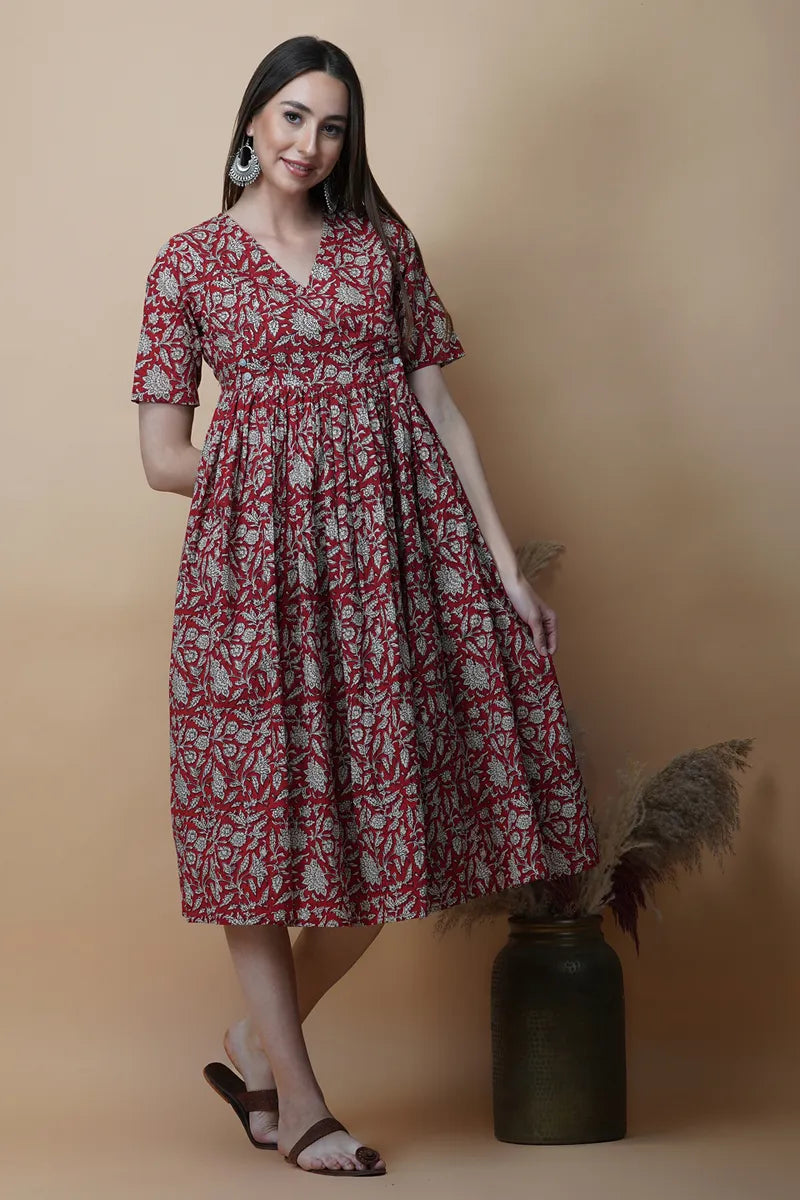 Red Hand Block Printed V-Neck Dress In Angrakha style