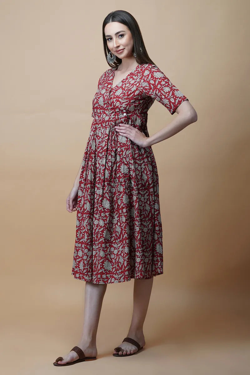Red Hand Block Printed V-Neck Dress In Angrakha style