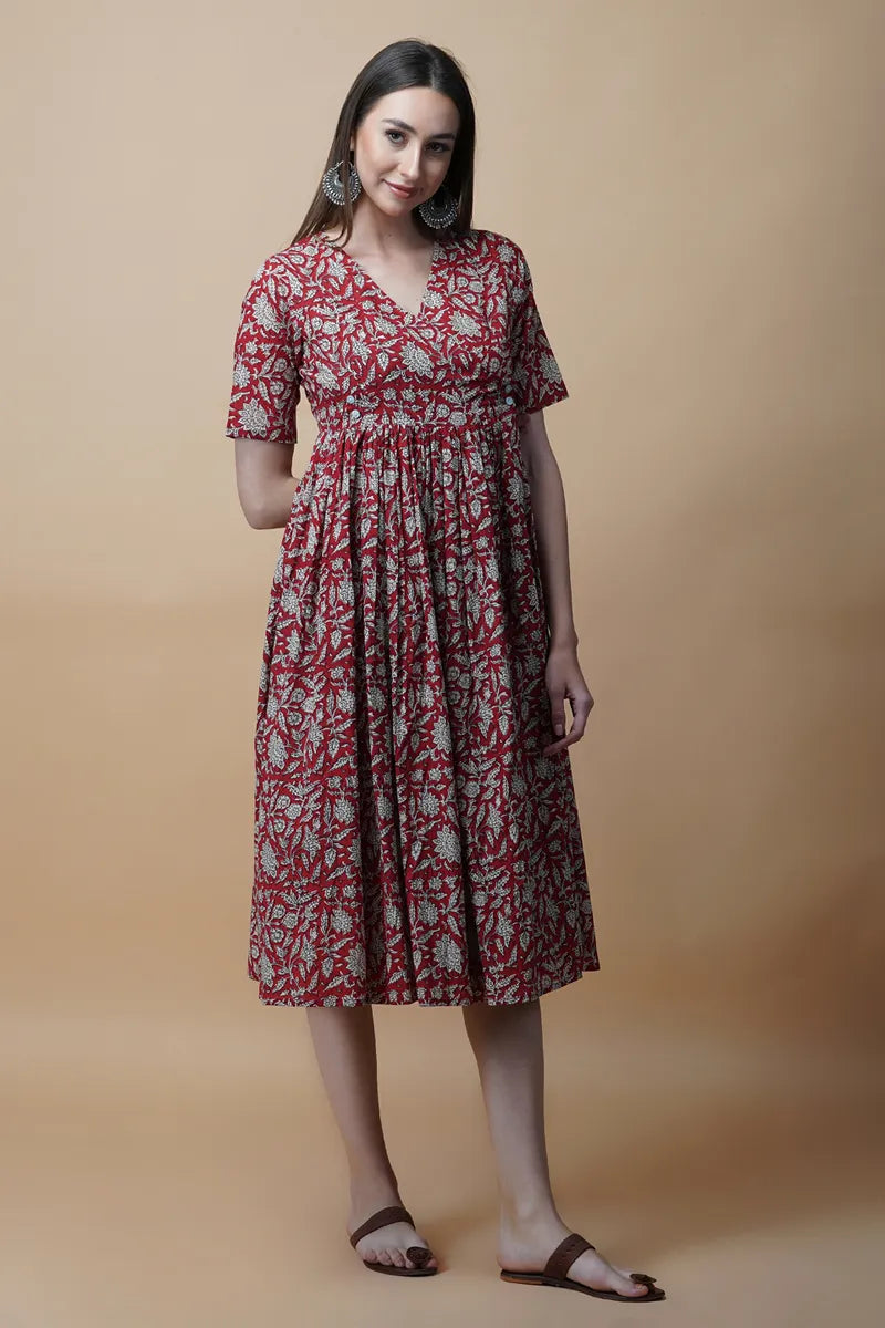Red Hand Block Printed V-Neck Dress In Angrakha style