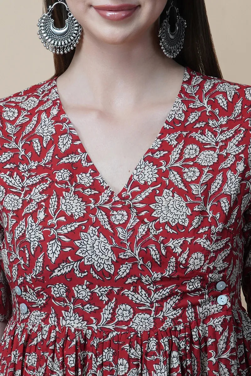 Red Hand Block Printed V-Neck Dress In Angrakha style