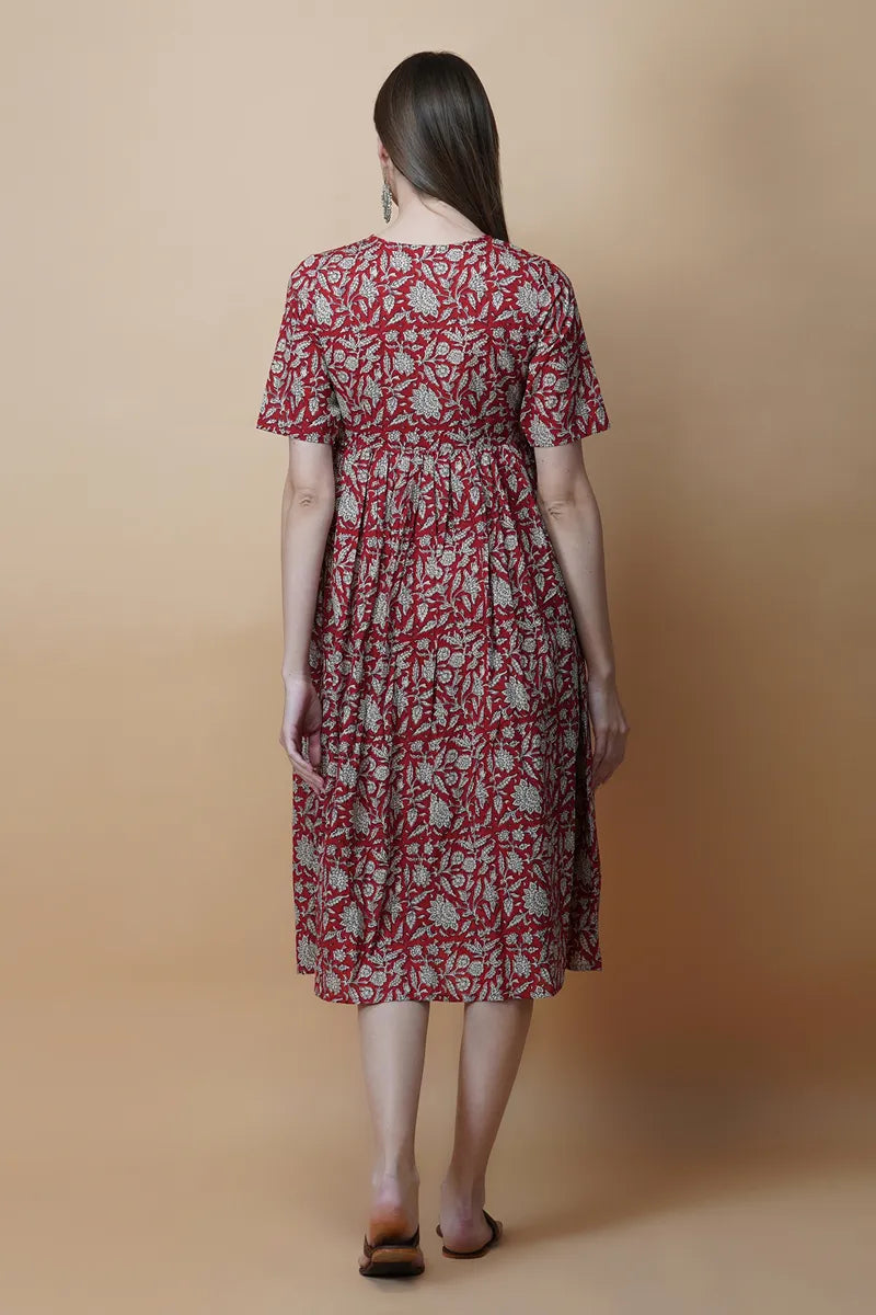 Red Hand Block Printed V-Neck Dress In Angrakha style