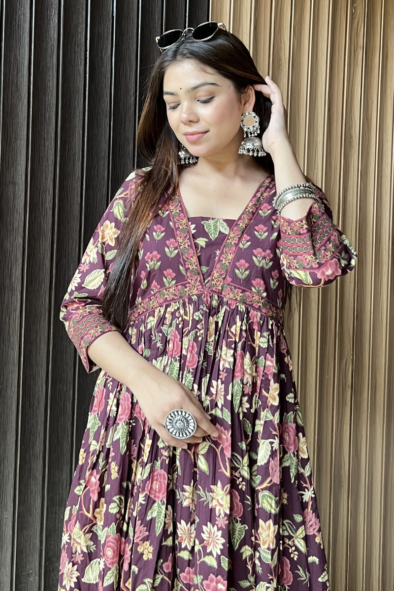 Burgundy Flared Anarkali Cotton Kurta with Floral Print