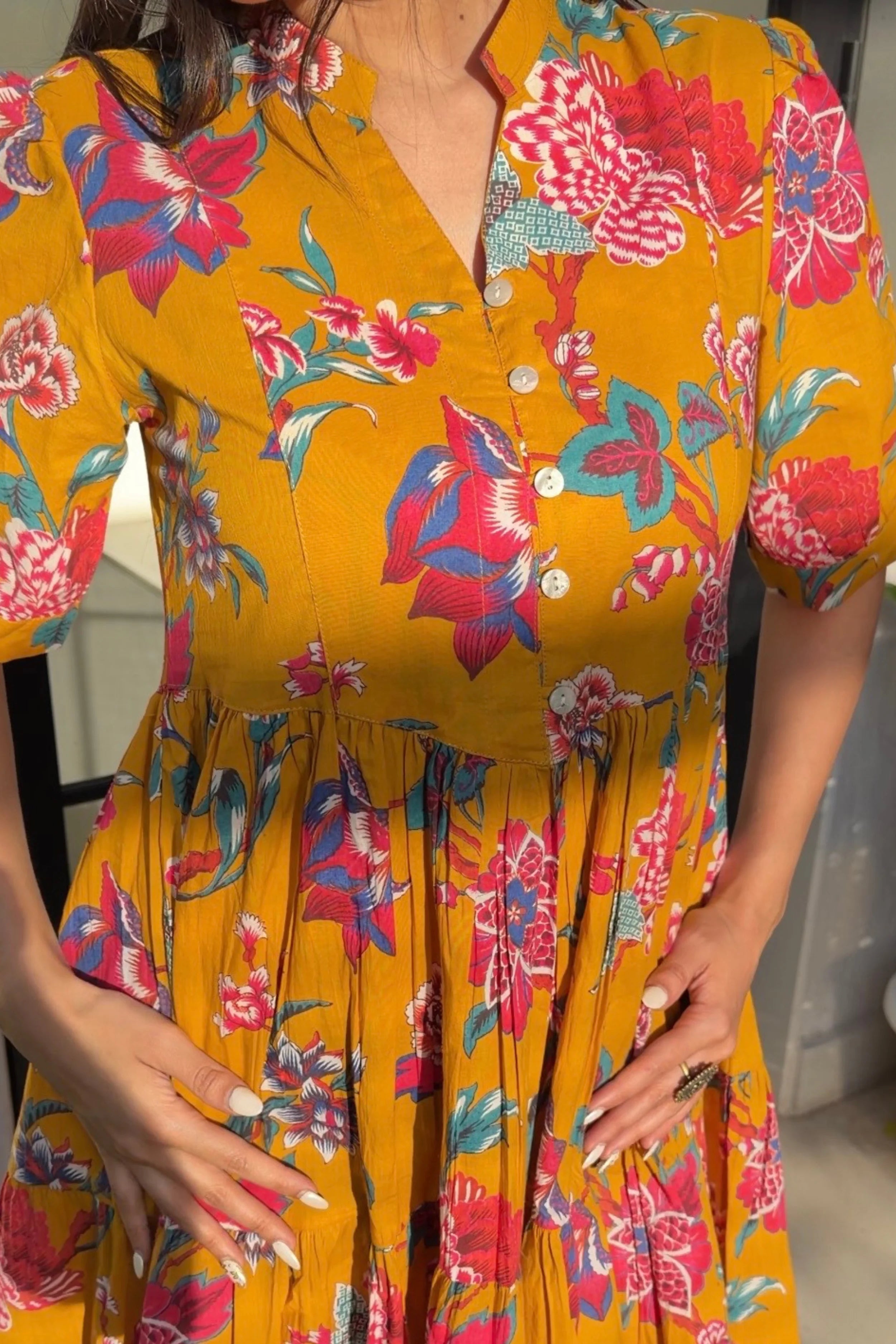 Mustard Floral Printed Tiered Fit & Flare Cinderella Dress