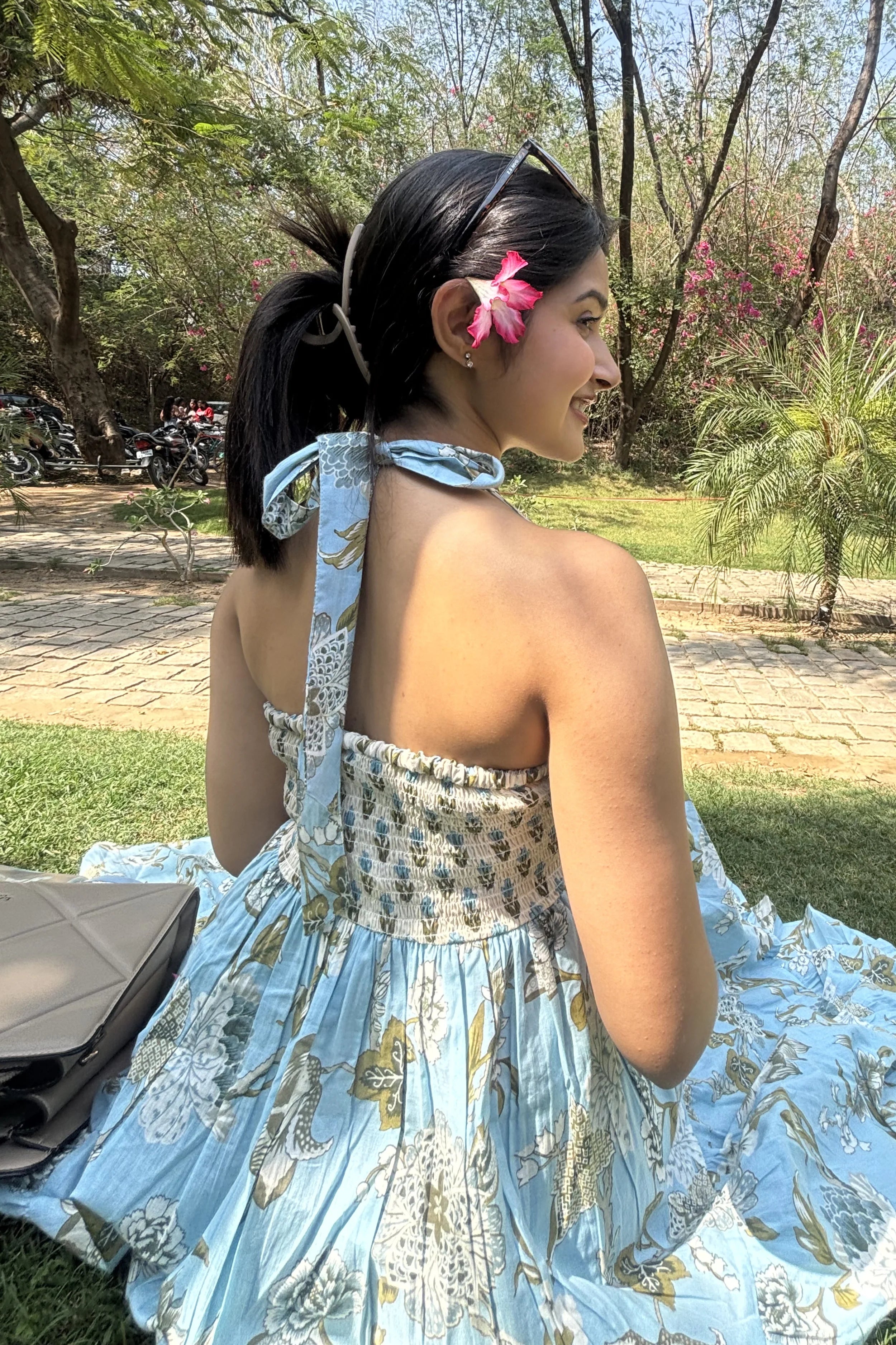 Blue Floral Hand Printed Halter Maxi Dress