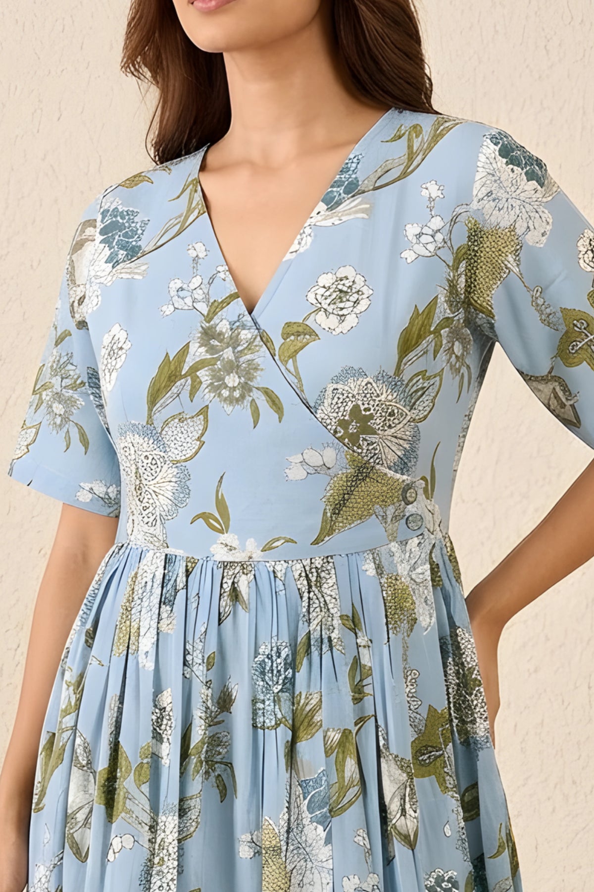 Blue Hand Printed V-Neck Midi Dress In Angrakha style