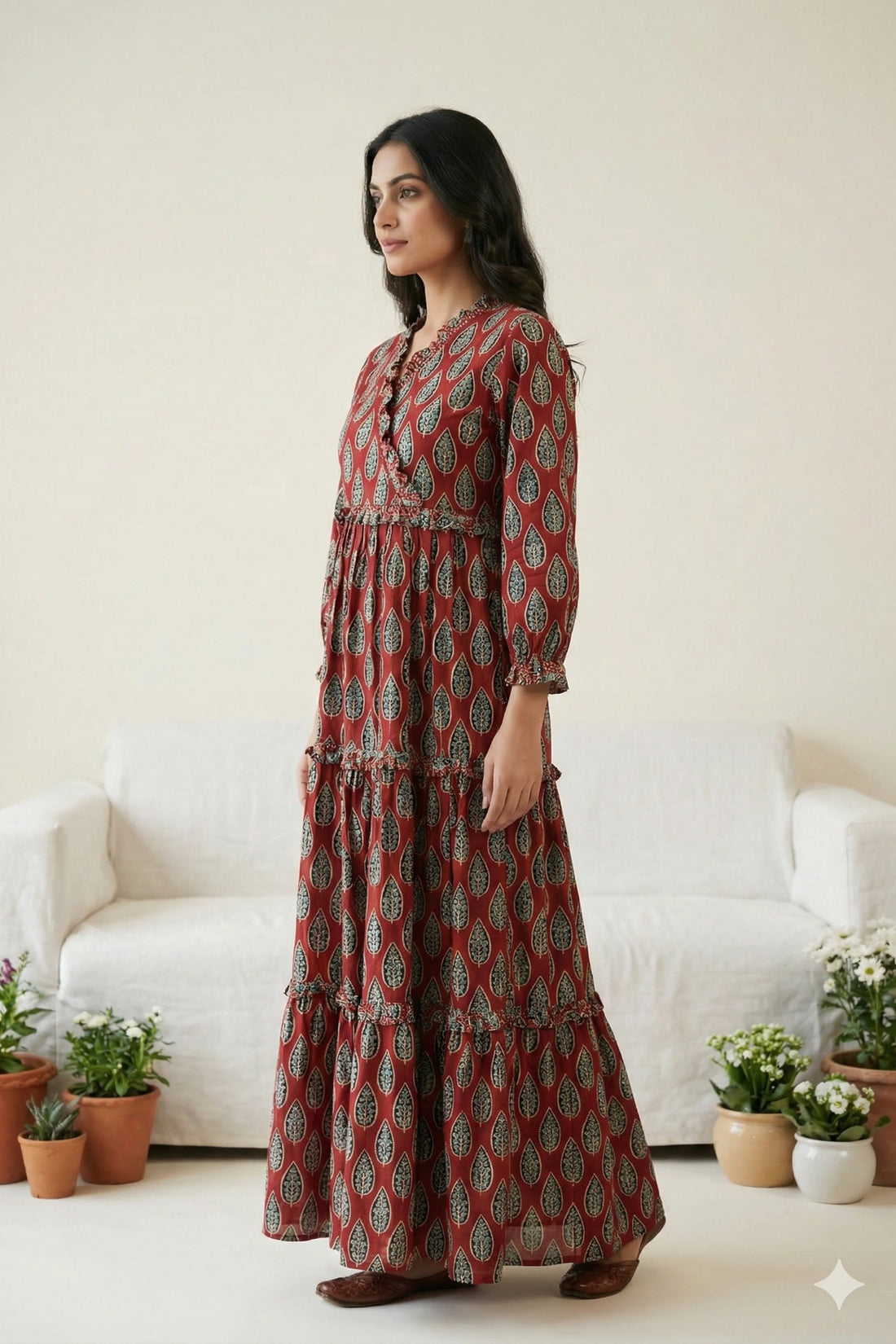 Red Hand Printed Tiered Maxi Dress