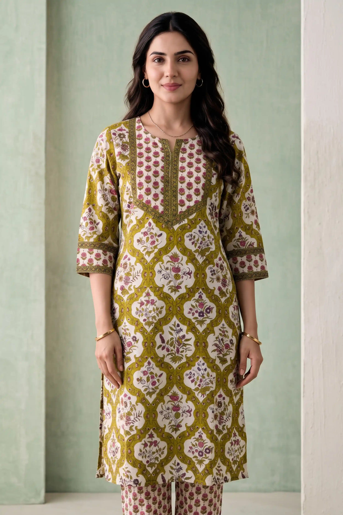 Yellow Floral Printed Cotton Flex Straight Kurta Set (Winter Special) – 2 PCS