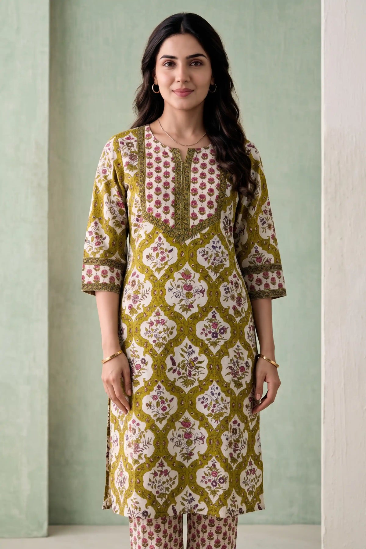 Yellow Floral Printed Cotton Flex Straight Kurta Set (Winter Special) – 2 PCS