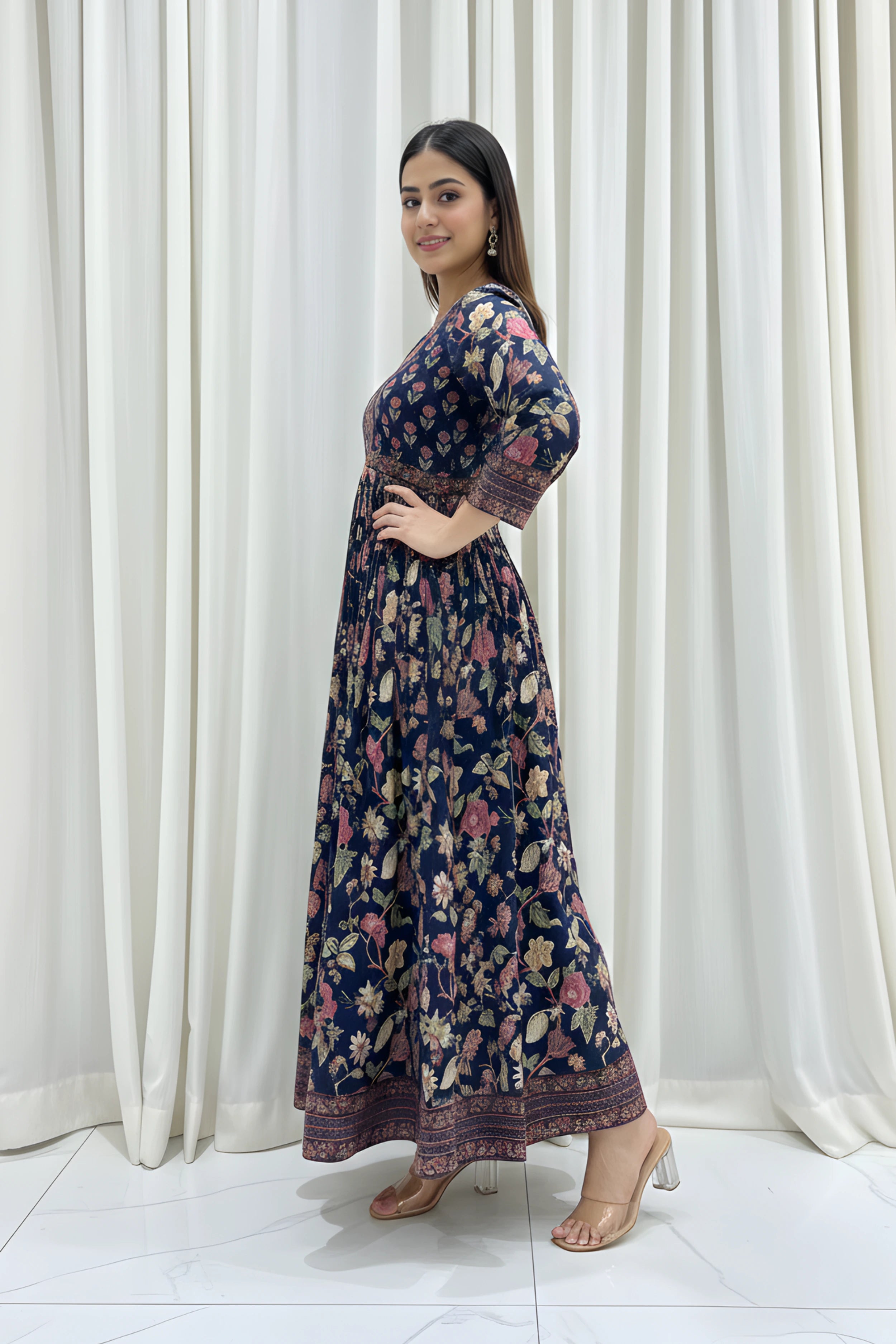Blue Flared Anarkali Cotton Kurta with Floral Print