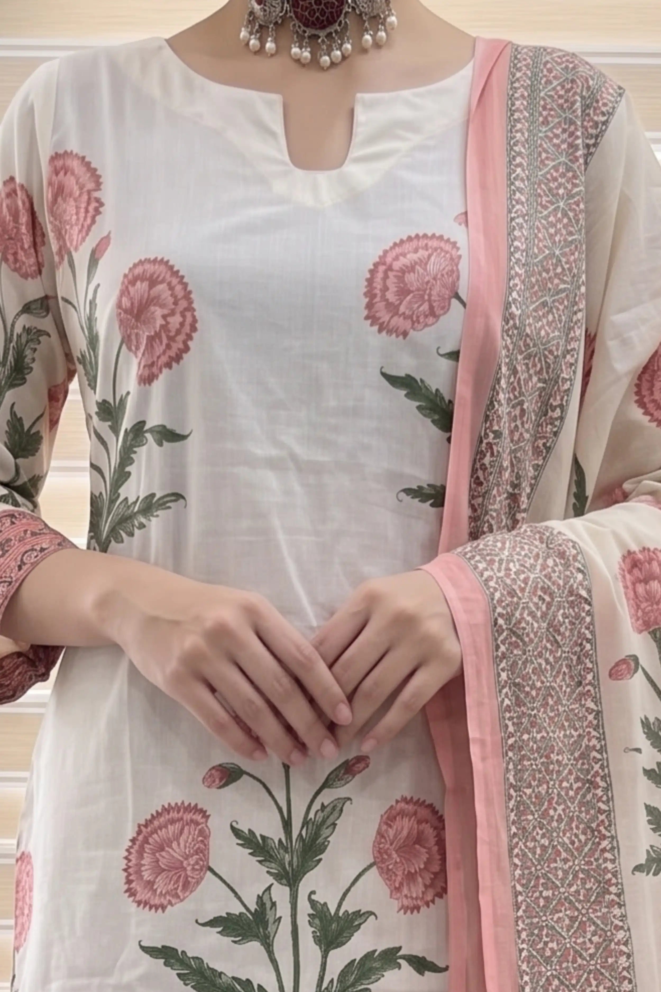 Peach Blue Floral Print Pure Cotton Farsi Salwar Set With Cotton Dupatta