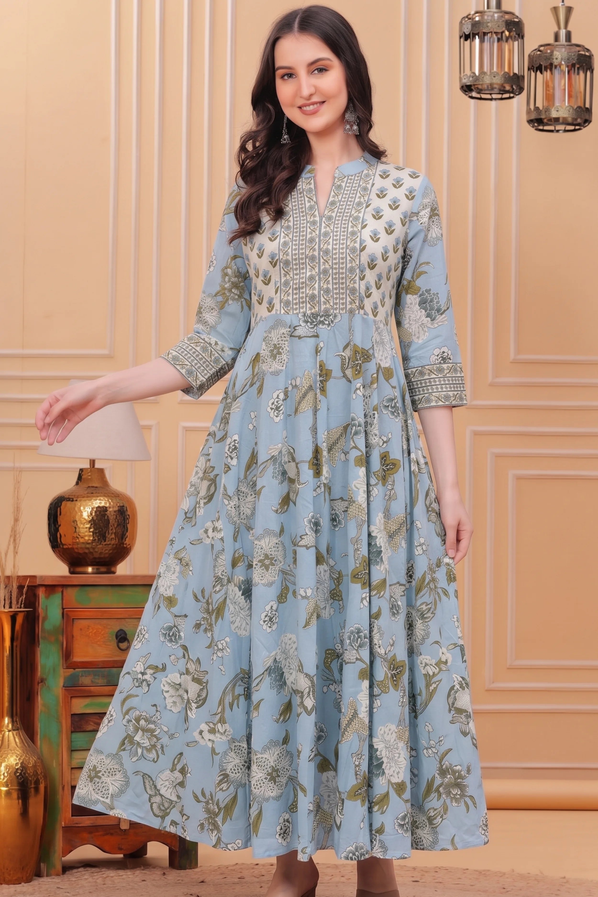 Sky Blue Floral Hand Printed Anarkali Maxi Dress
