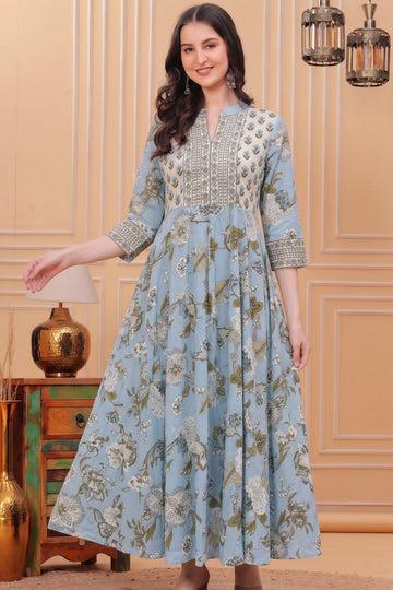 Sky Blue Floral Hand Printed Anarkali Maxi Dress
