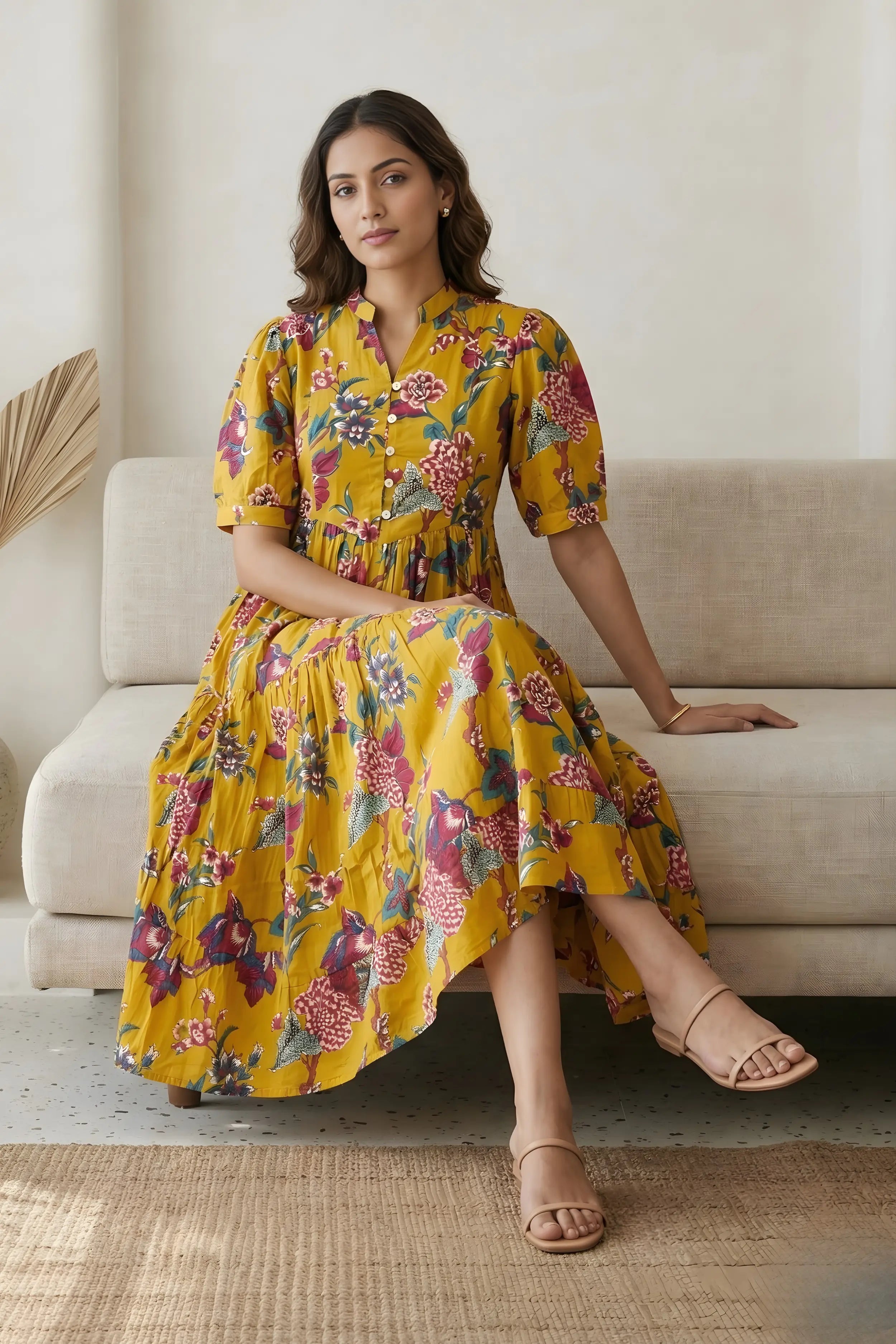 Mustard Floral Printed Tiered Fit & Flare Cinderella Dress