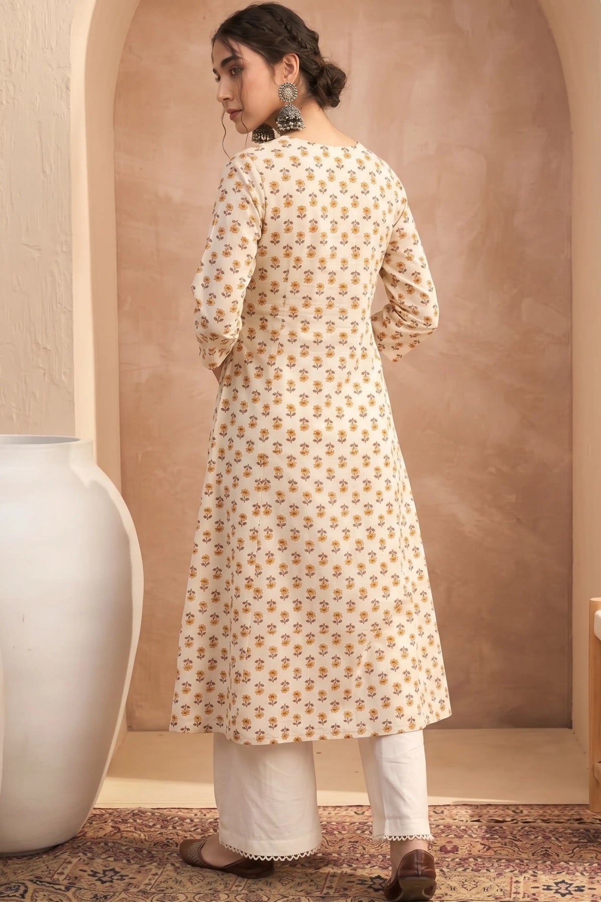 Cream Yellow A line kurta With Pocket