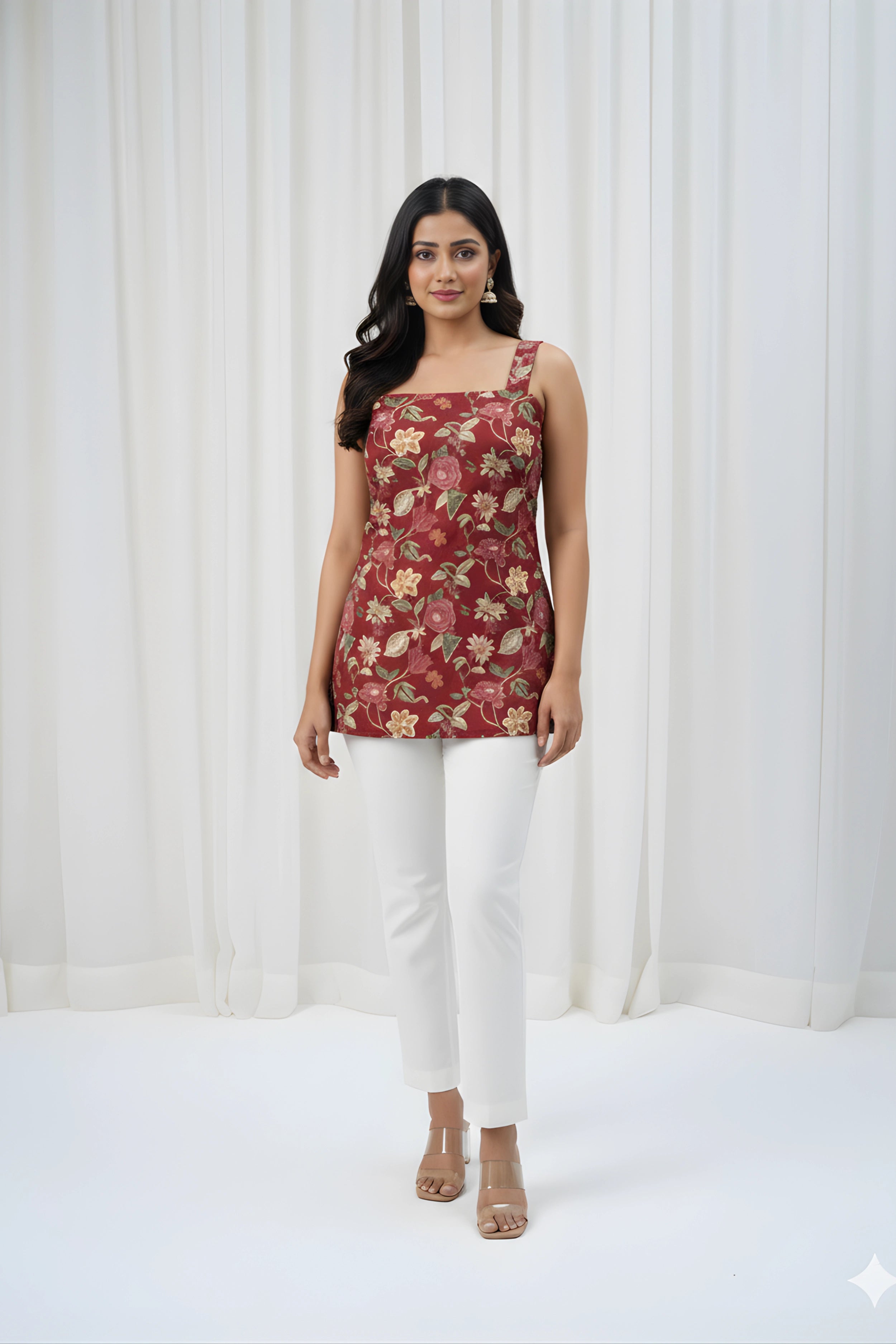 Wine Floral Hand Printed Corset Back Straight Top with linning