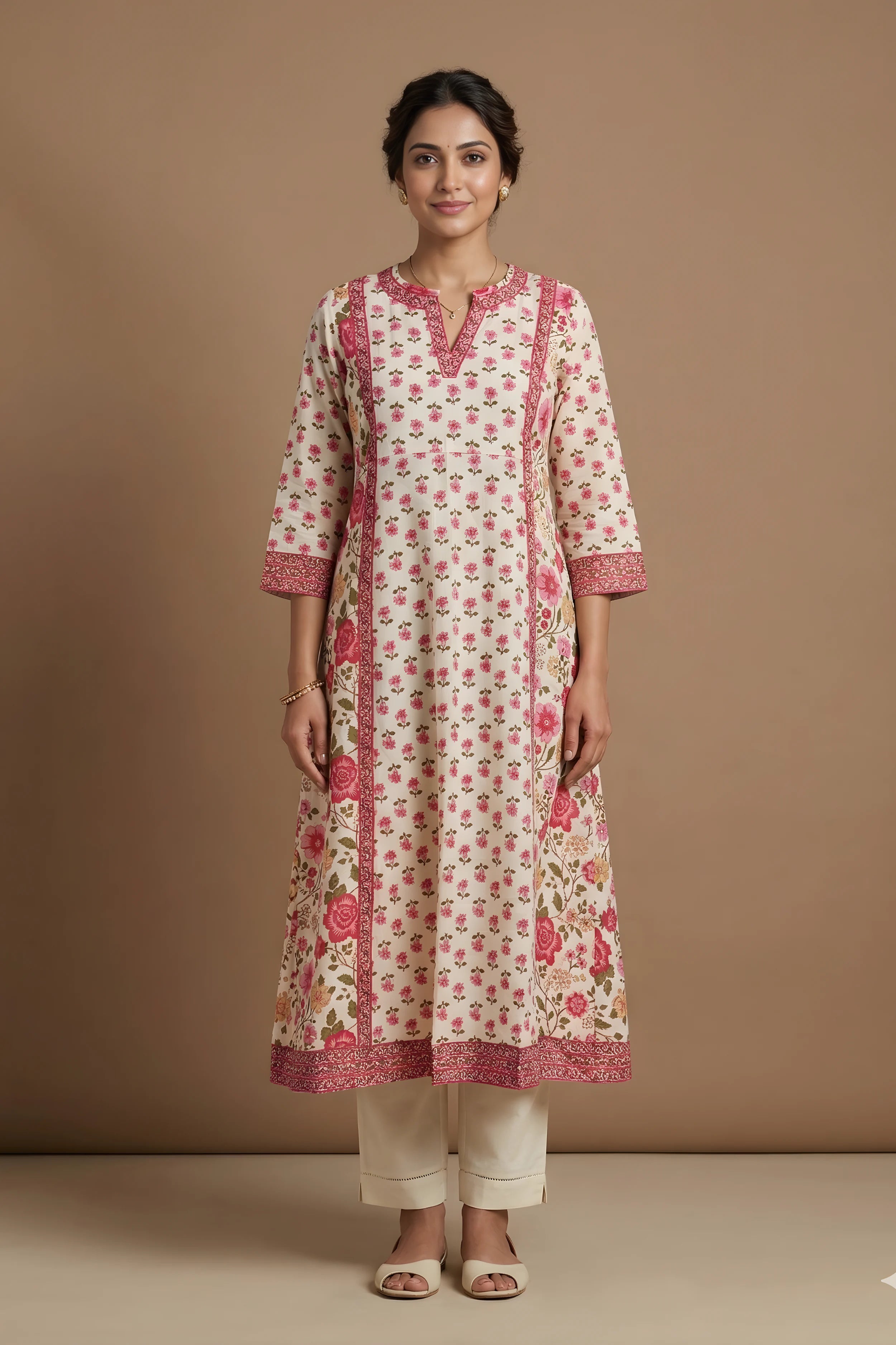 Pink Hand Printed A-line Kurta