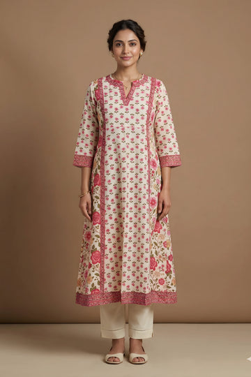 Pink Hand Printed A-line Kurta