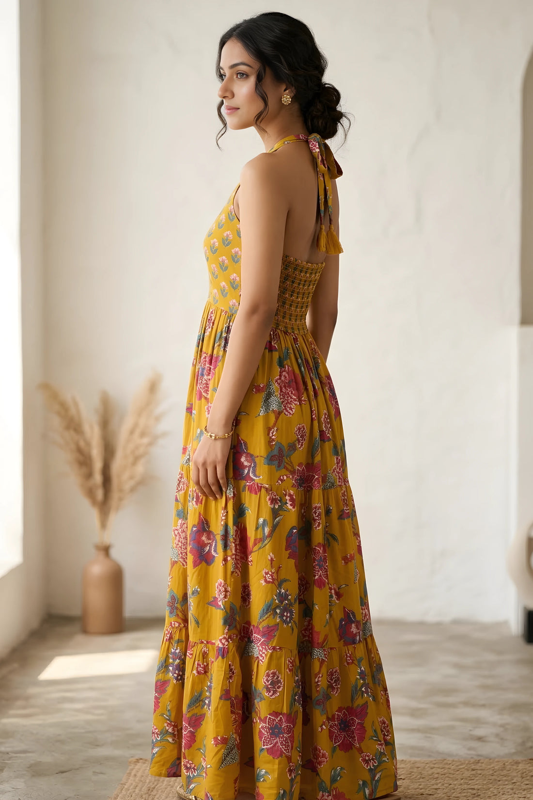 Mustard Floral Hand Printed Halter Maxi Dress