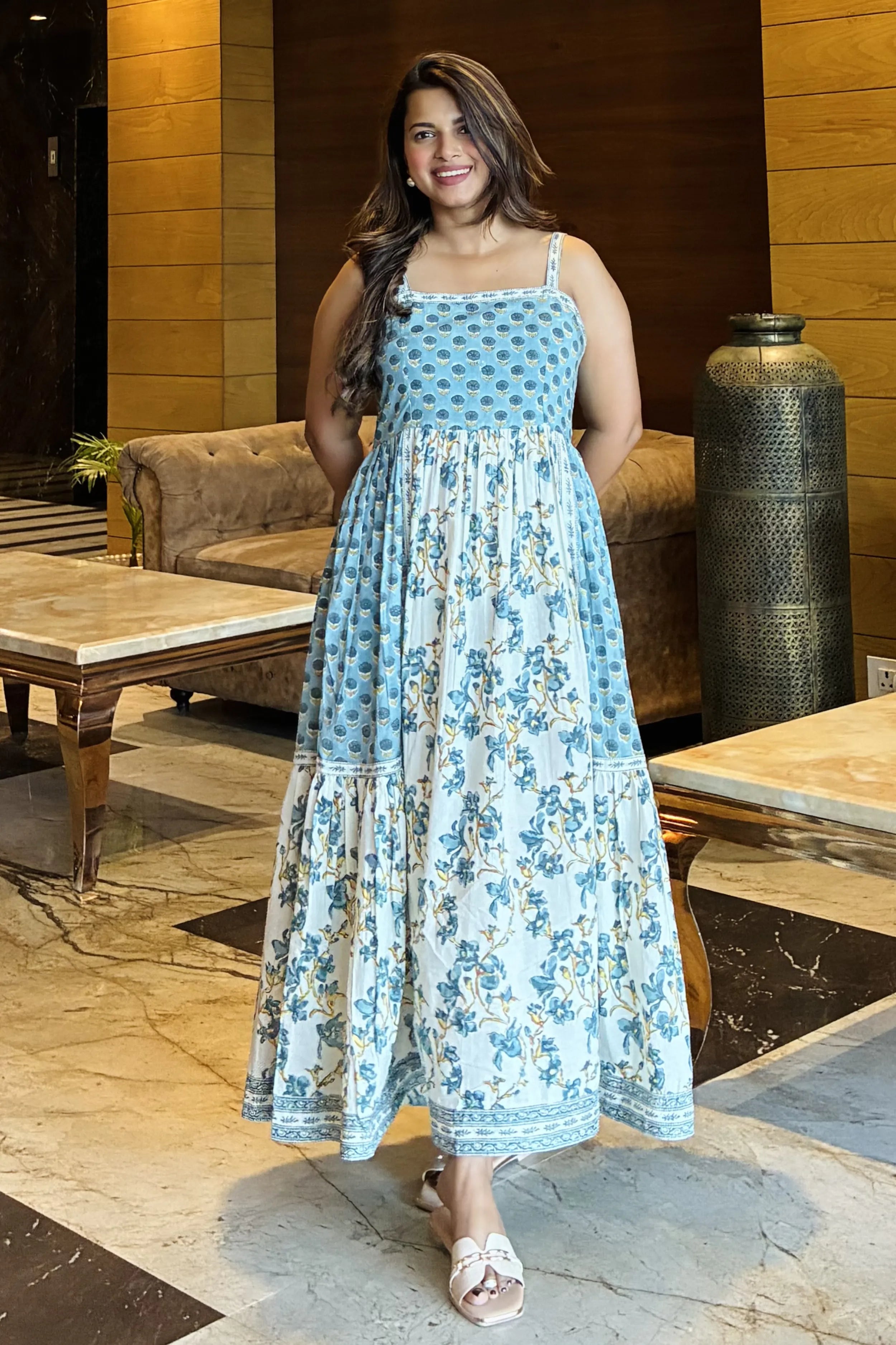 Sea Green Hand Block Floral Printed Sleeveless Tiered Midi Dress