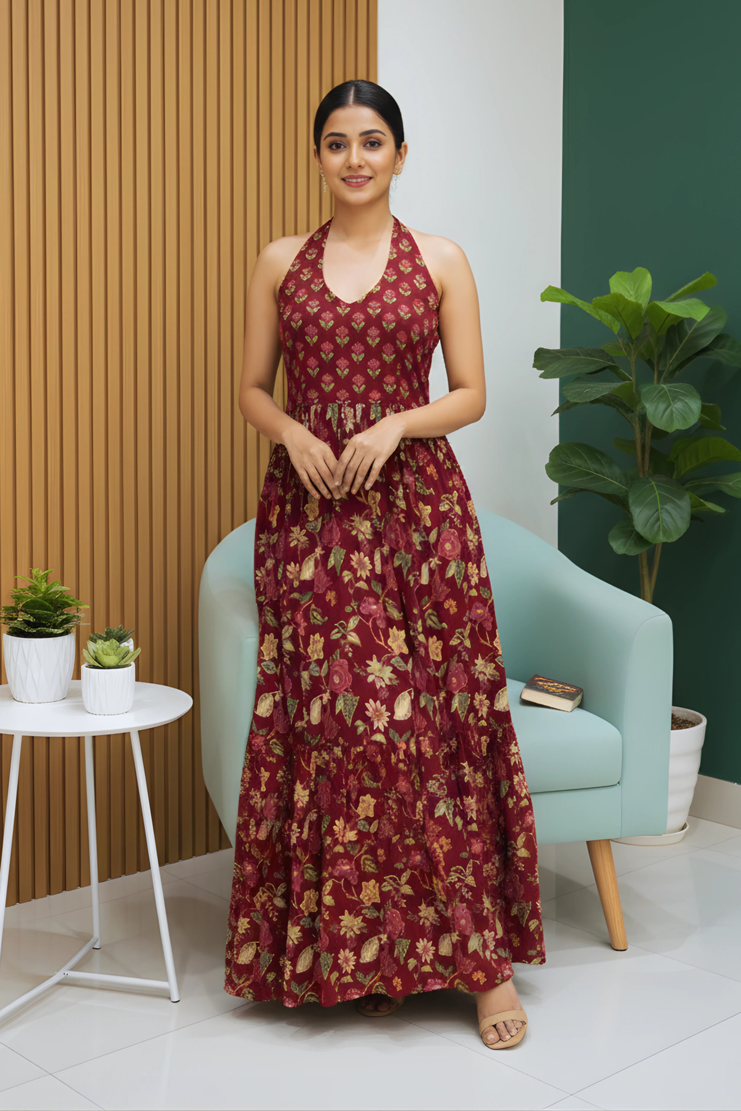 Wine Floral Hand Printed Halter Maxi Dress
