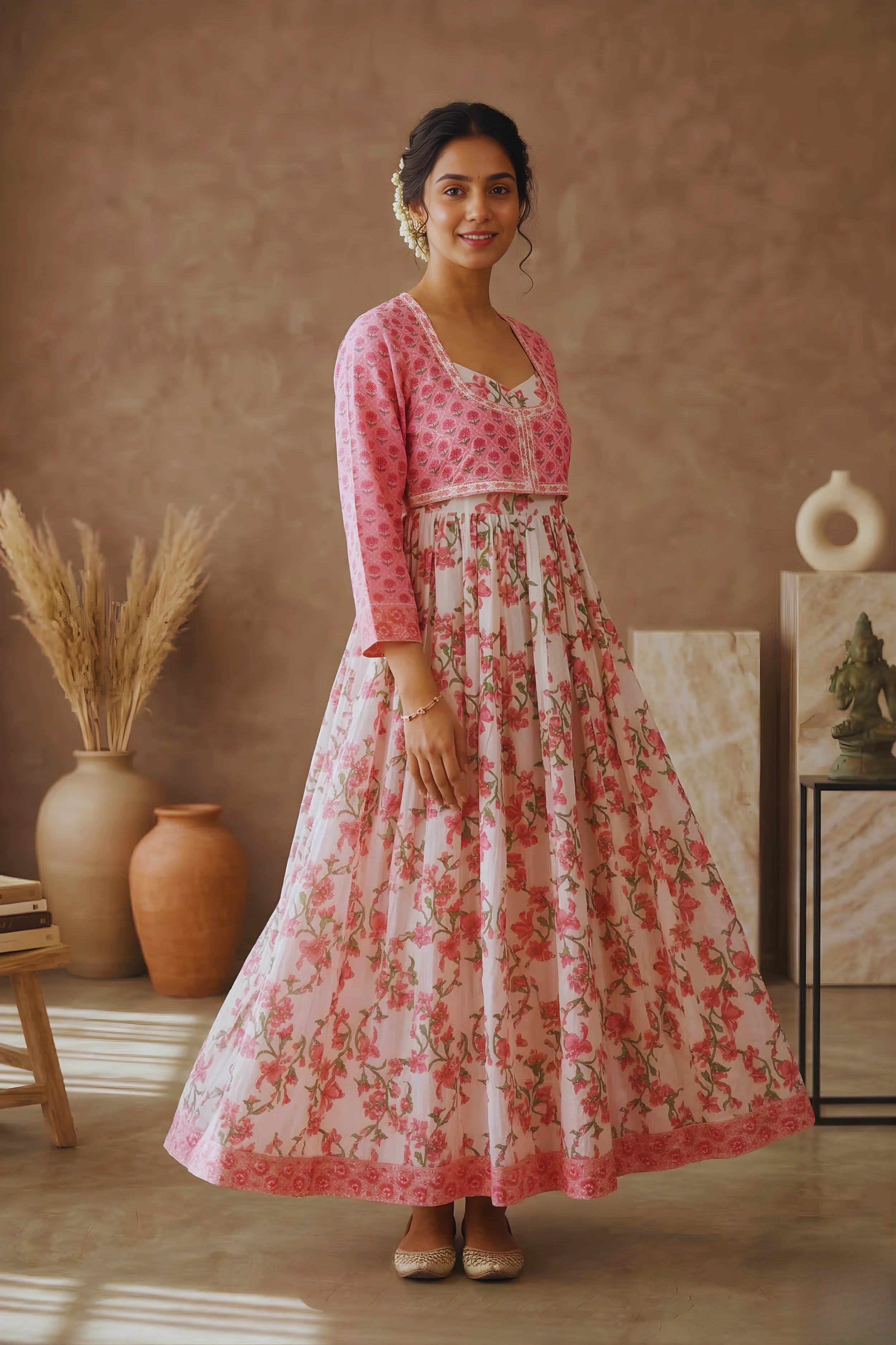 Baby Pink Hand Block Floral Printed Anarkali Maxi Kurta