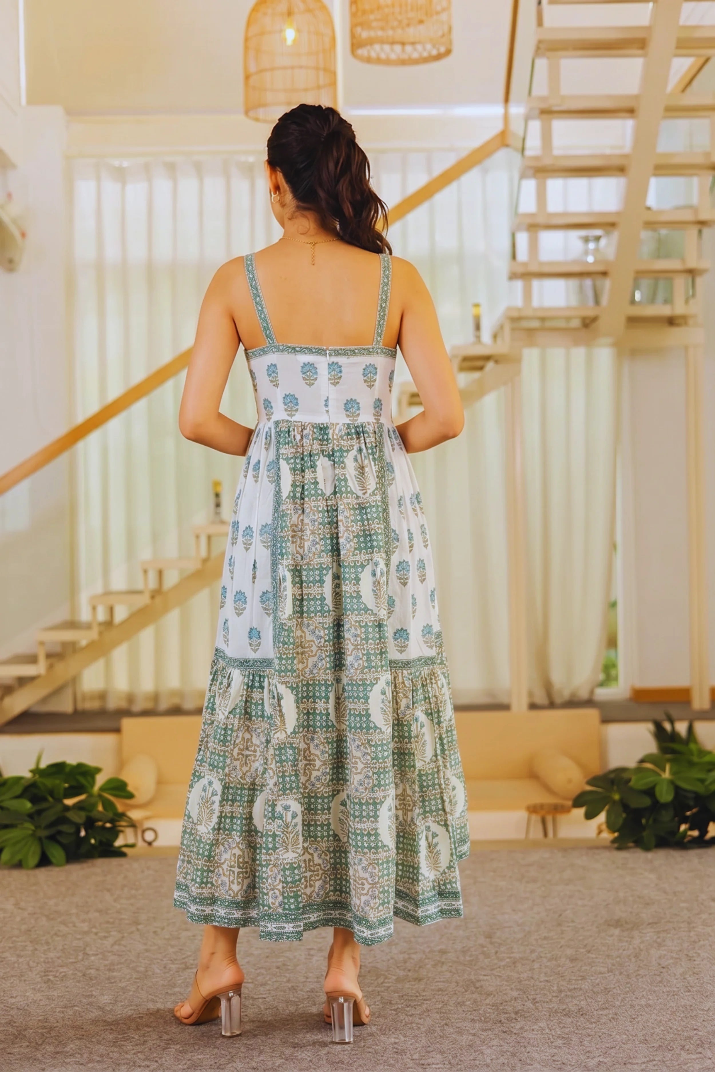 Light Green Hand Block Floral Printed Sleeveless Tiered Midi Dress