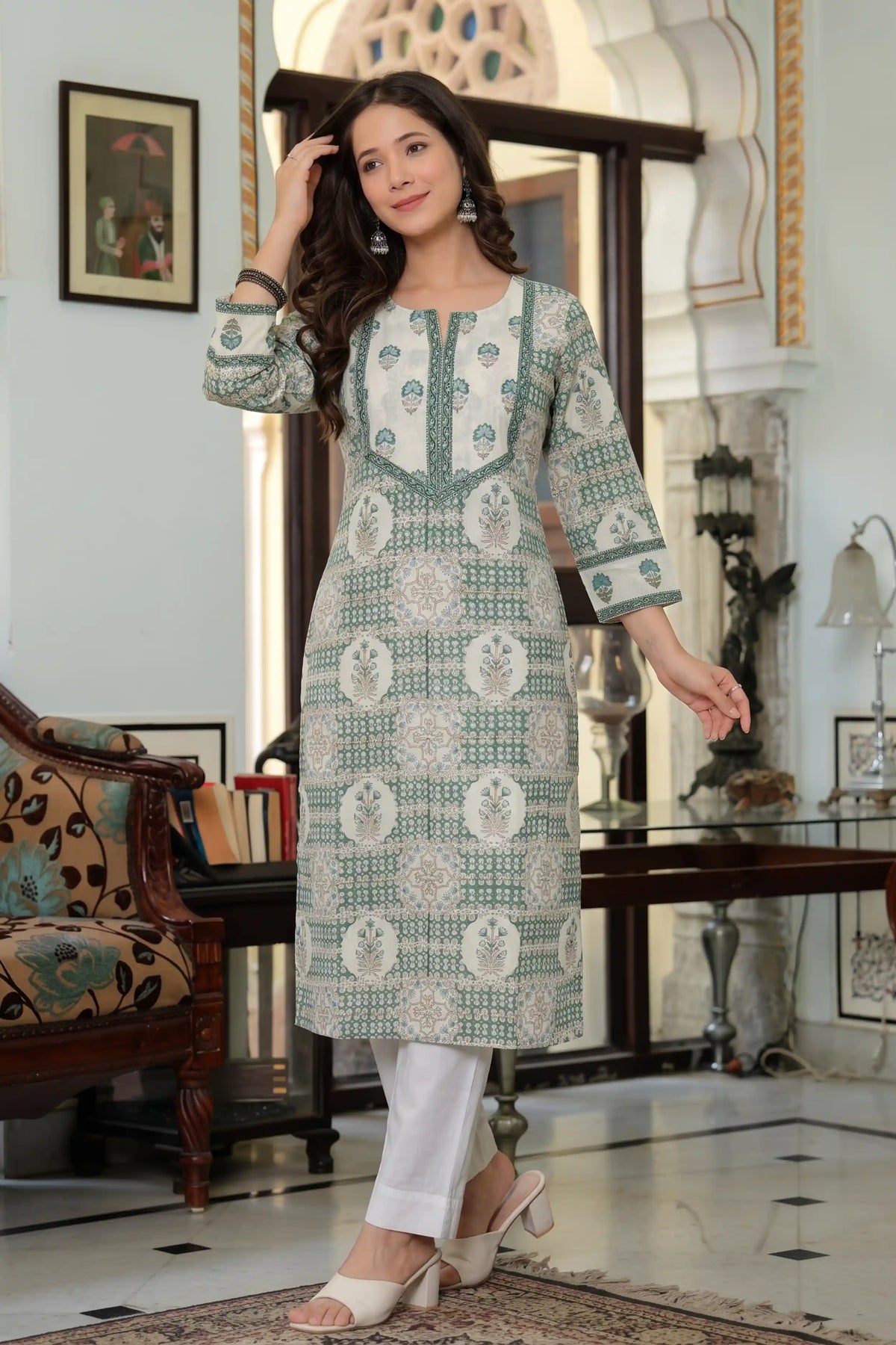 Green Hand Printed Straight cotton Kurta