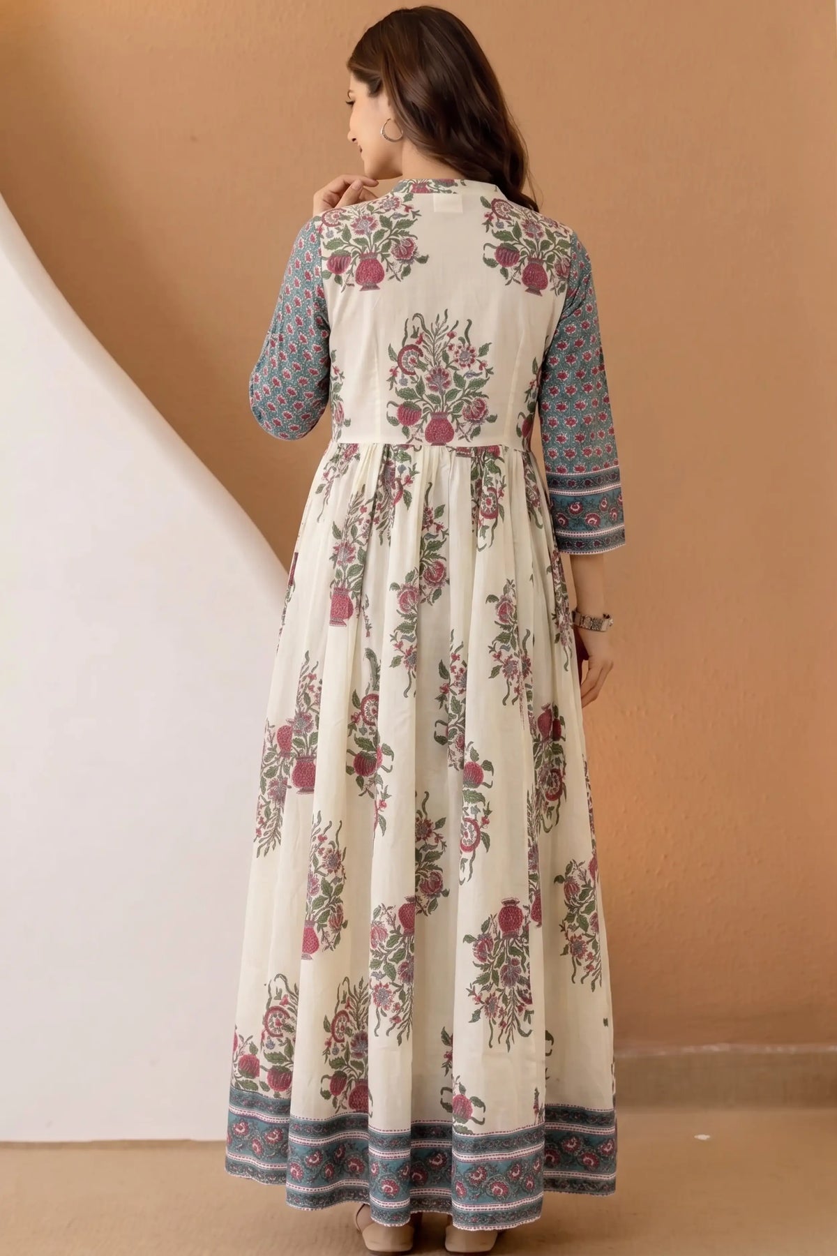 Dark Green Hand Block Floral Printed Anarkali Maxi Dress