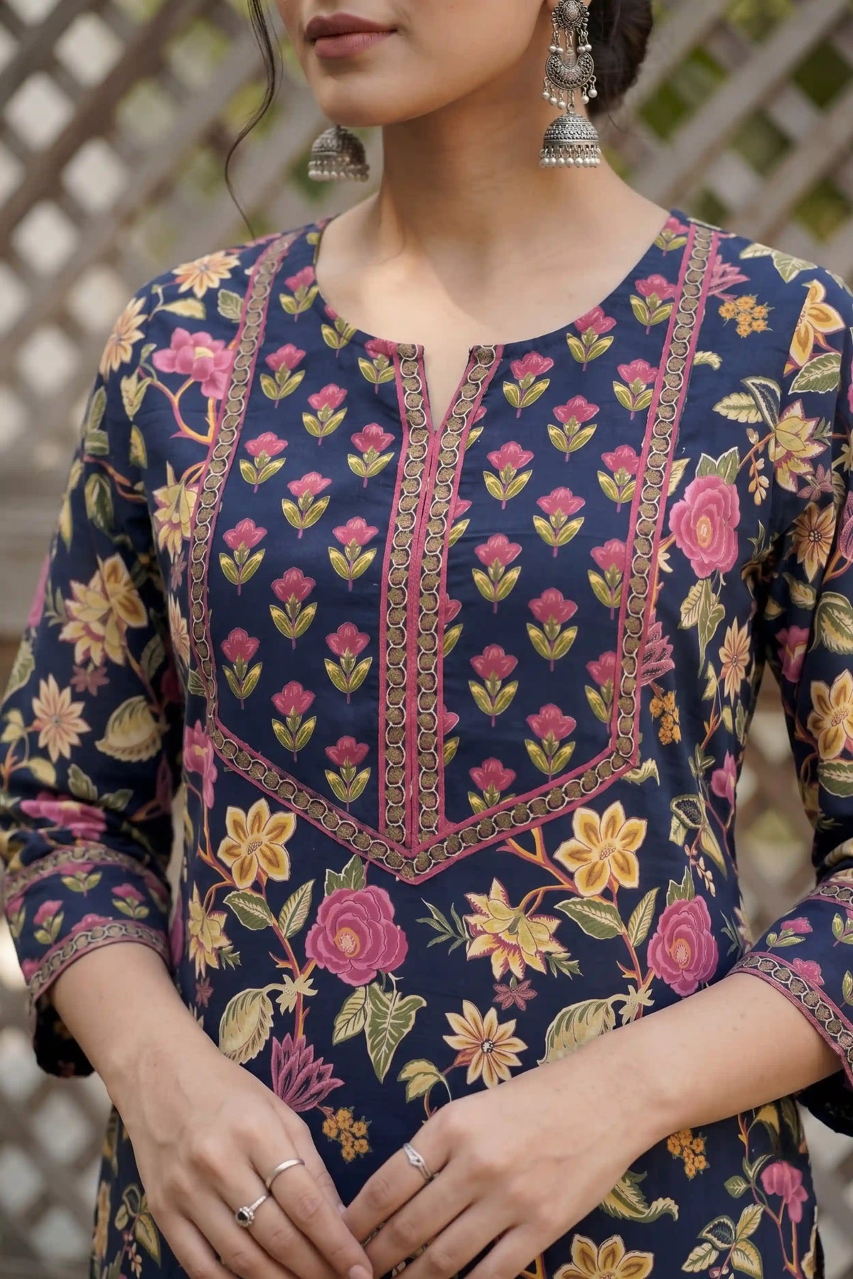 Navy Hand Printed Straight cotton Kurta