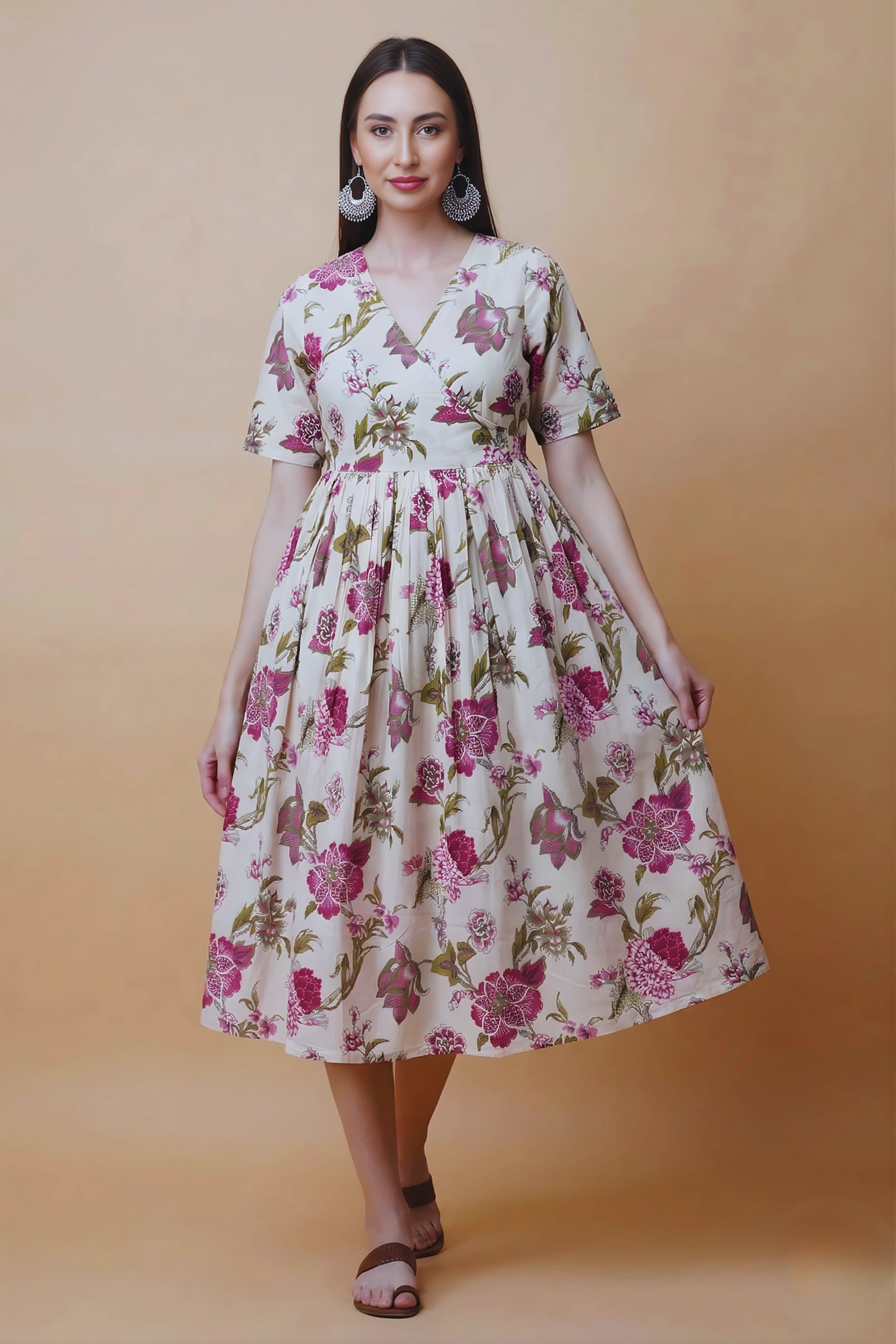 Pink Hand Printed V-Neck Midi Dress In Angrakha style