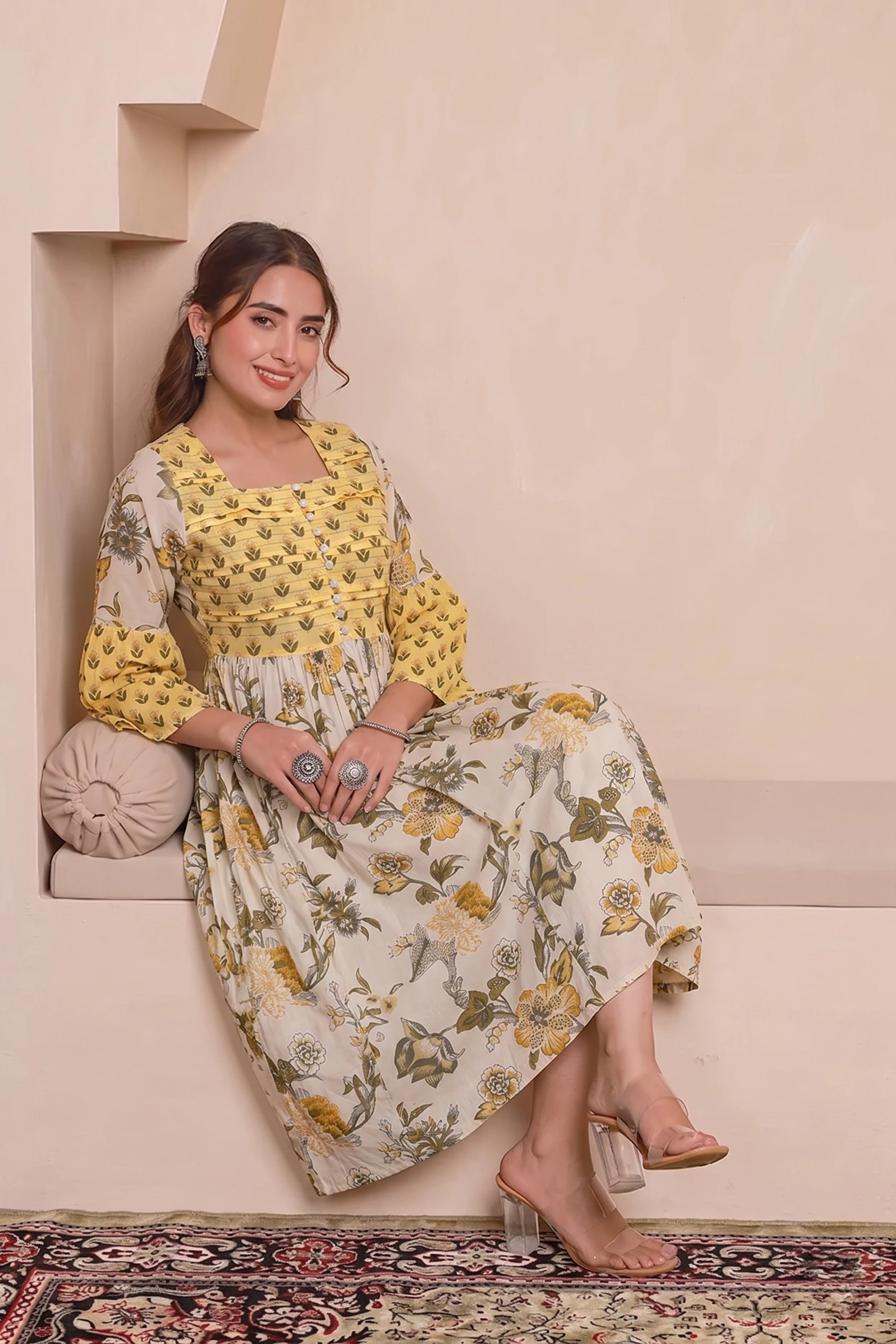 Yellow Hand Printed Floral Midi Dress with Square Neck