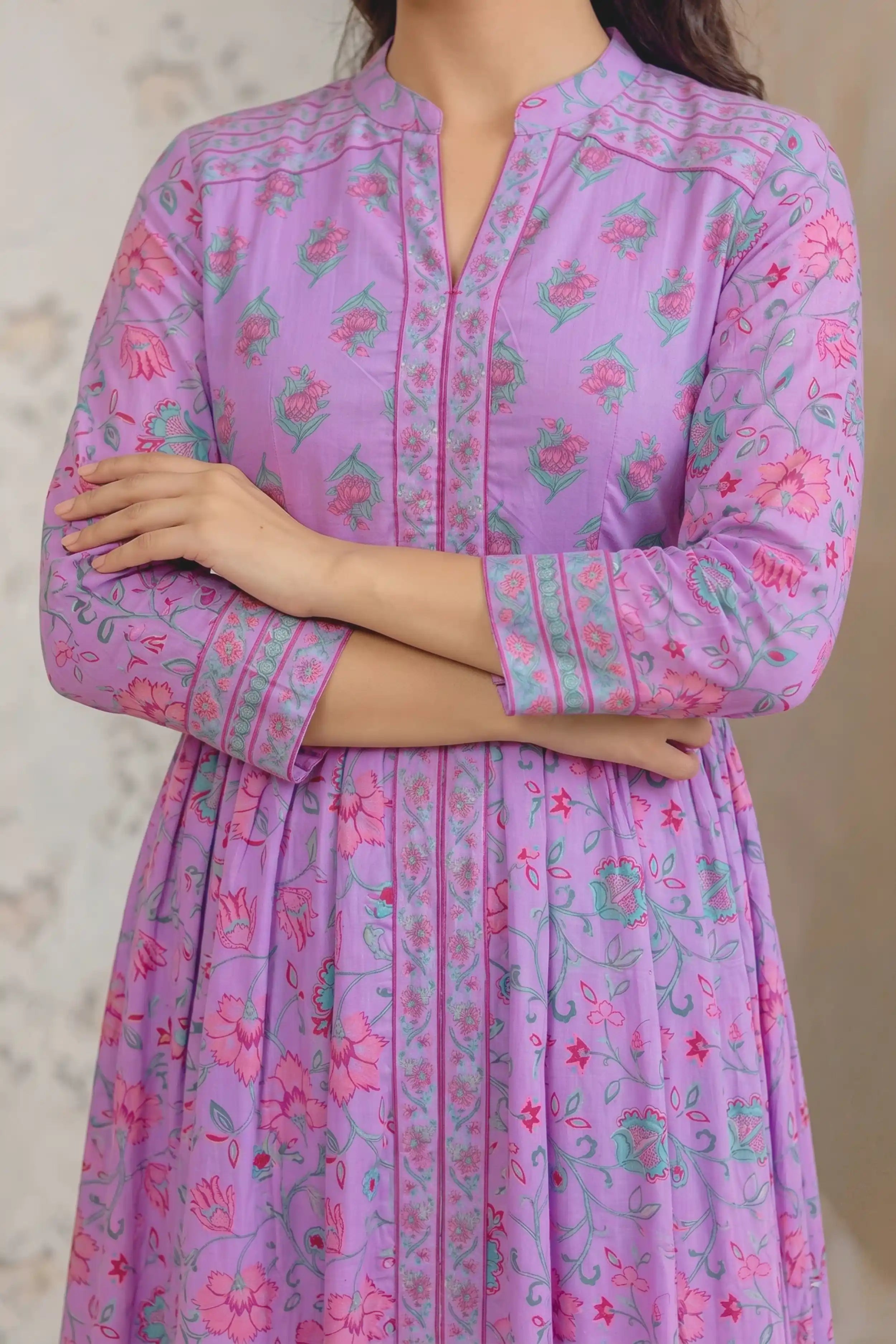 Purple Anarkali Cotton Hand Block Printed Ethnic Maxi Dress