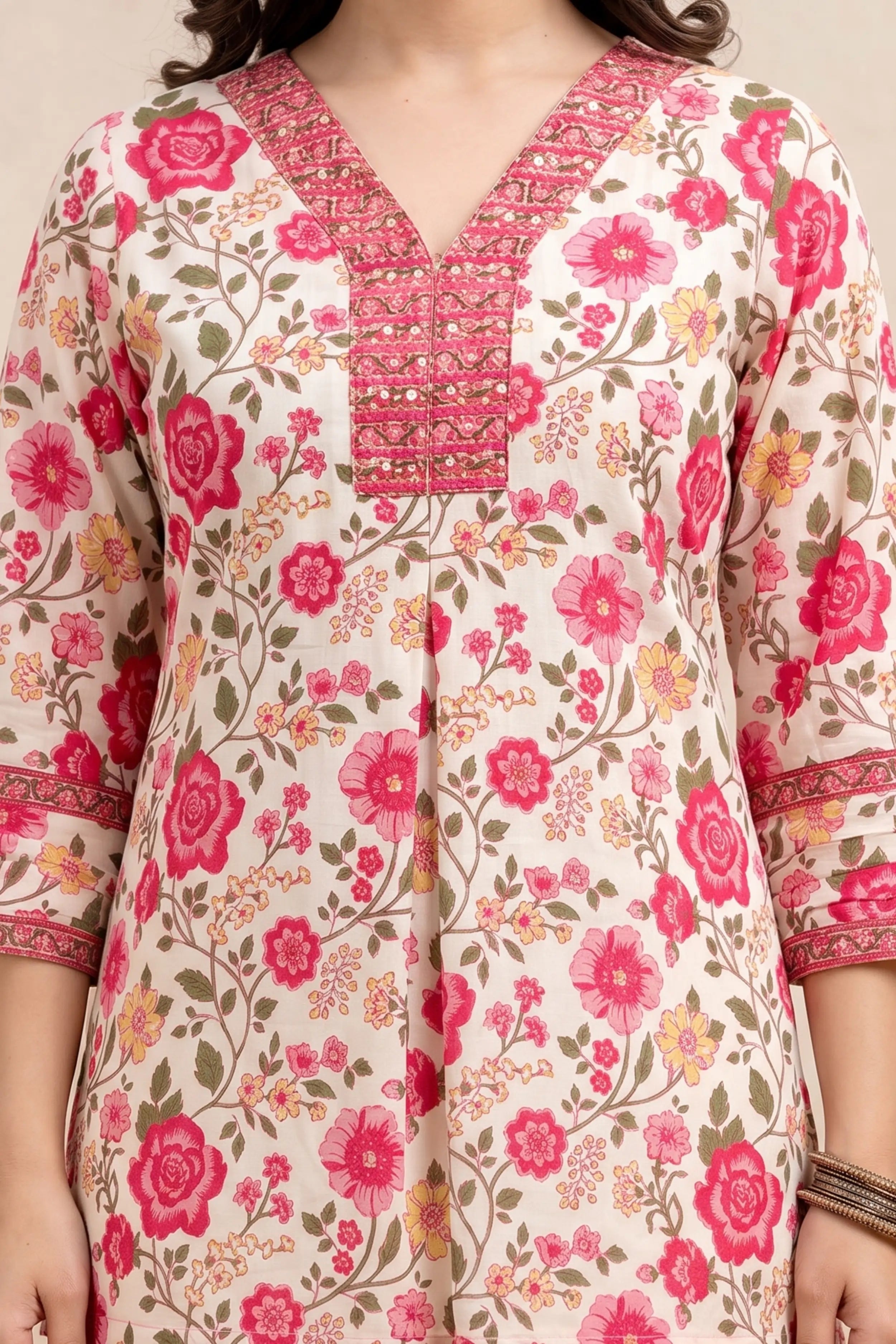 Pink Floral V-Neck Hand Printed Straight Kurta
