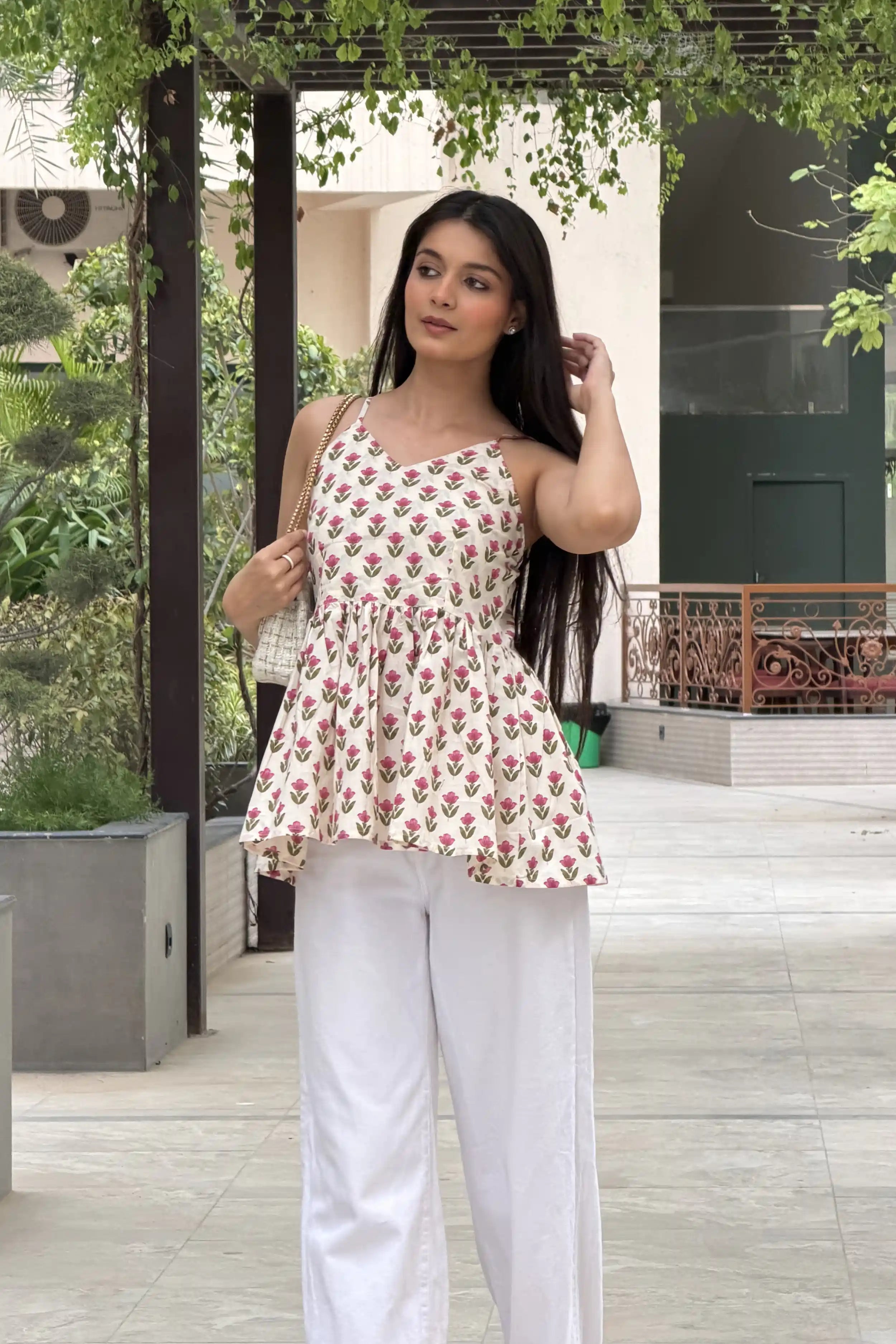 Pink Floral Hand Printed Cotton Spaghetti Top with Lining