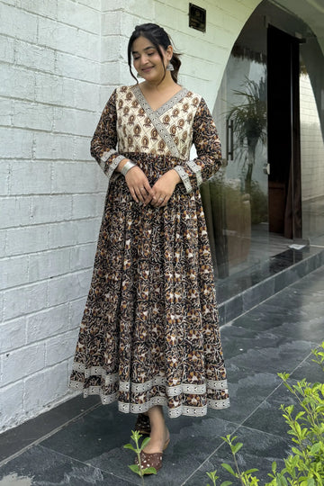 Black Hand Block Printed Anarkali kurta