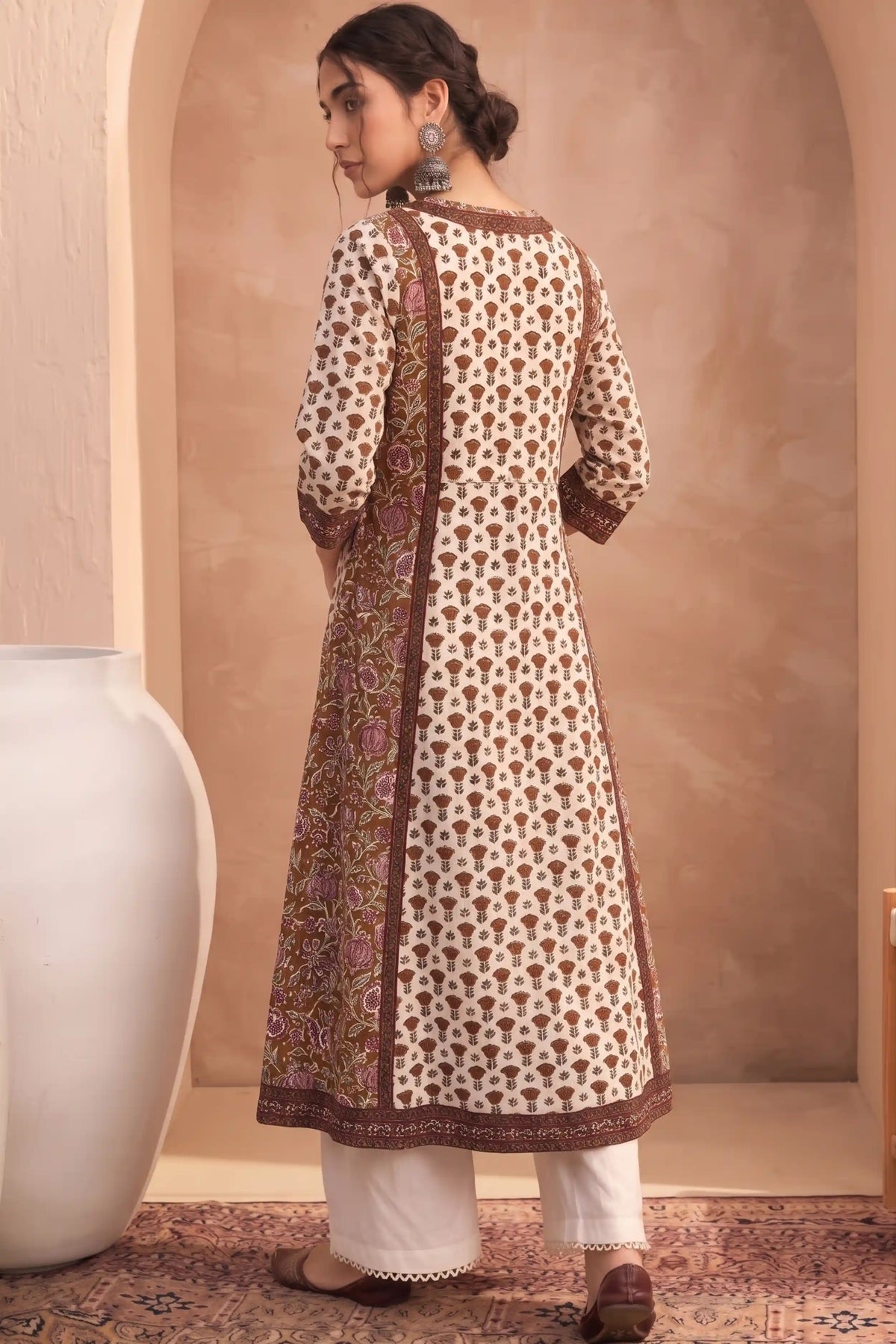 Mocha Brown Printed Winter Special Cotton Flex A-Line Kurta