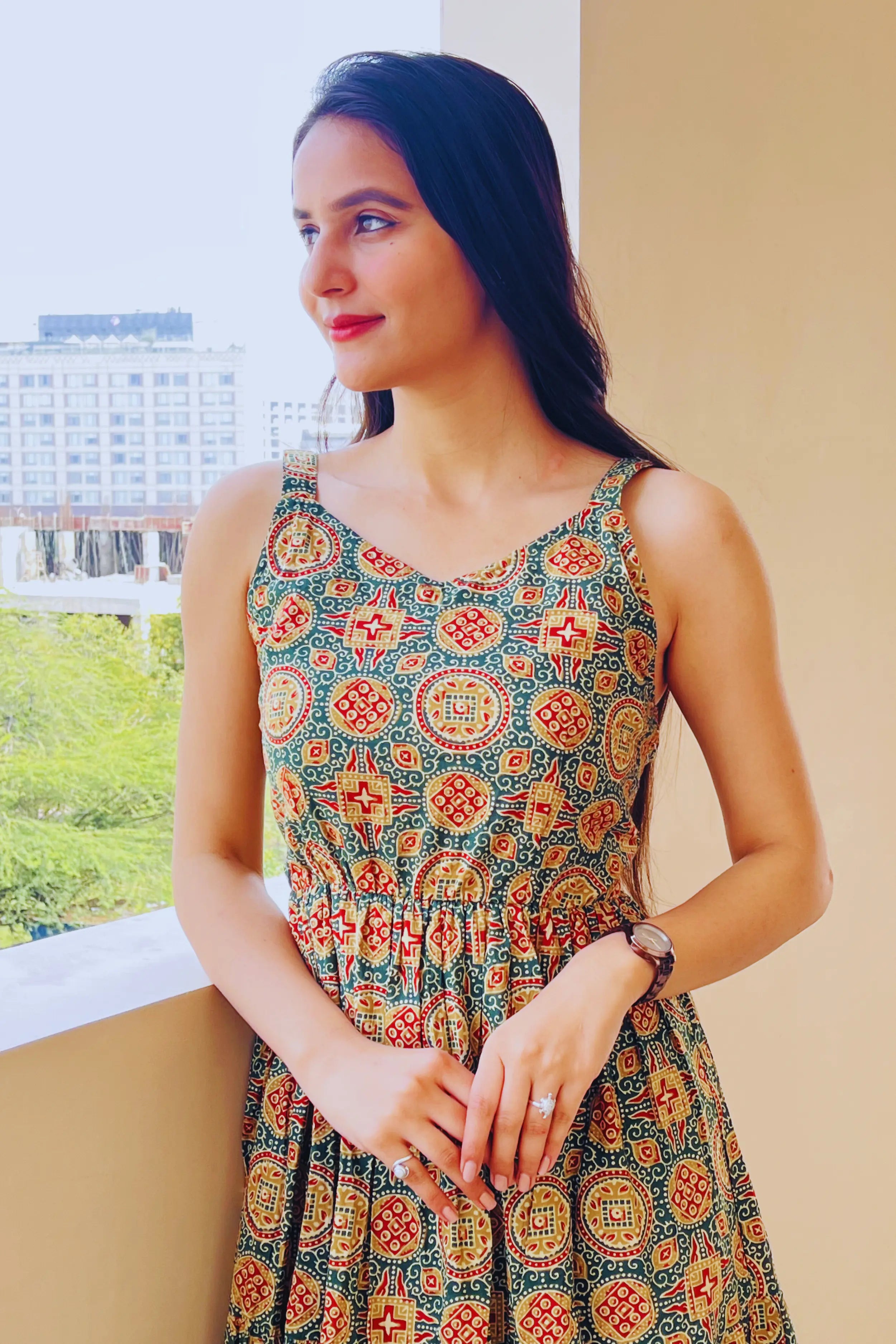 Bottle Green Ajrak Printed Sleeveless Cotton Maxi Dress