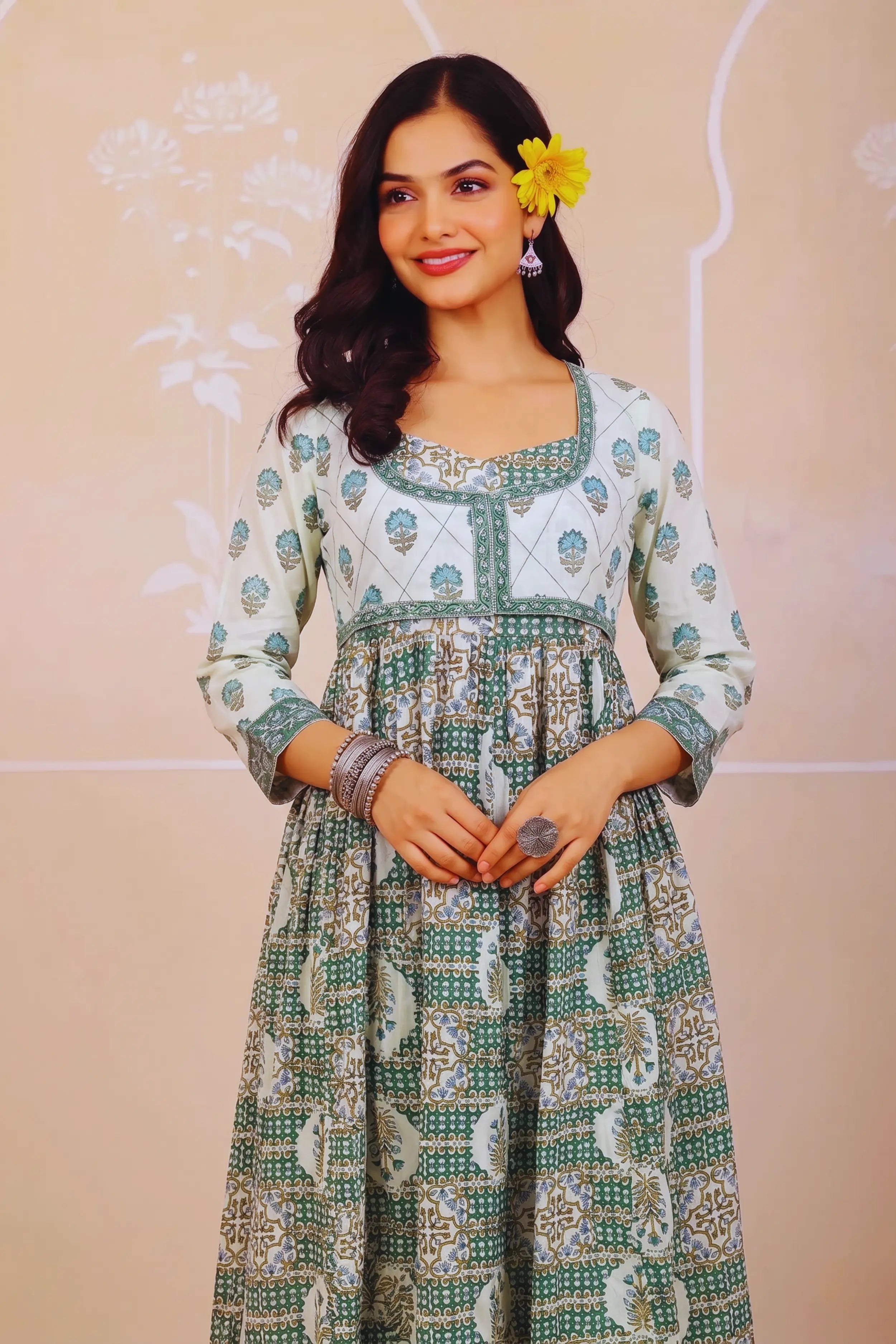 Light Green Hand Block Floral Printed Anarkali Maxi Kurta