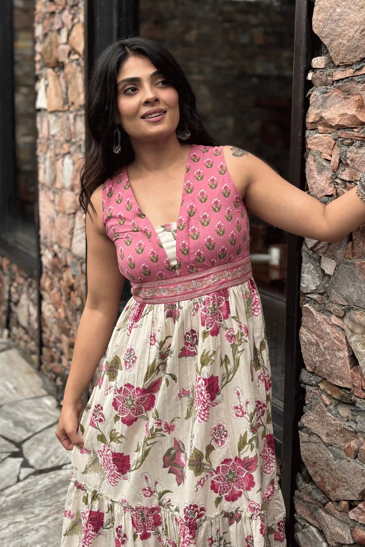 Light Pink Floral Hand Printed Cotton Sleeveless Dress