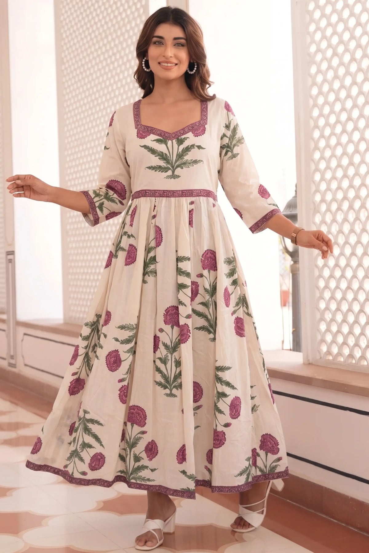 Pink Hand-Printed Anarkali Maxi Dress