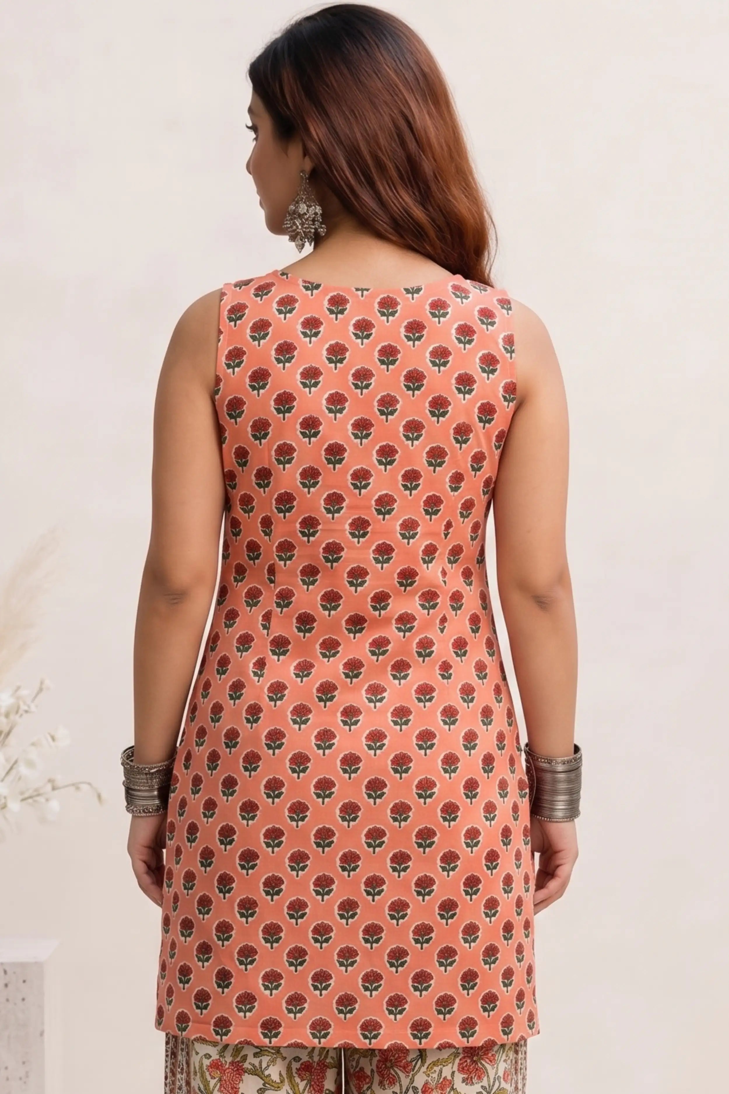 Orange Sleeveless Round Neck Kurti with Trouser