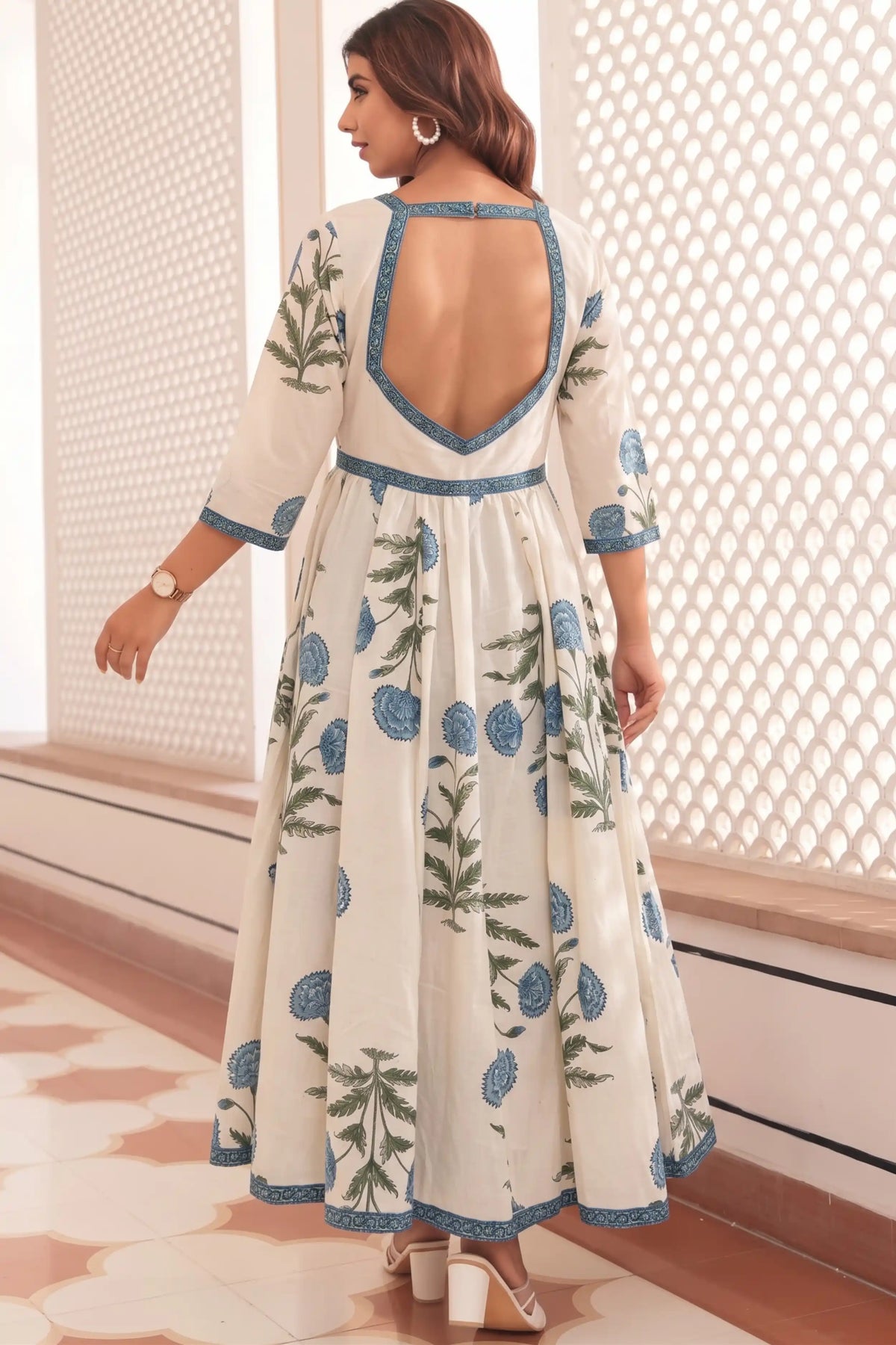 Blue Hand-Printed Anarkali Maxi Dress
