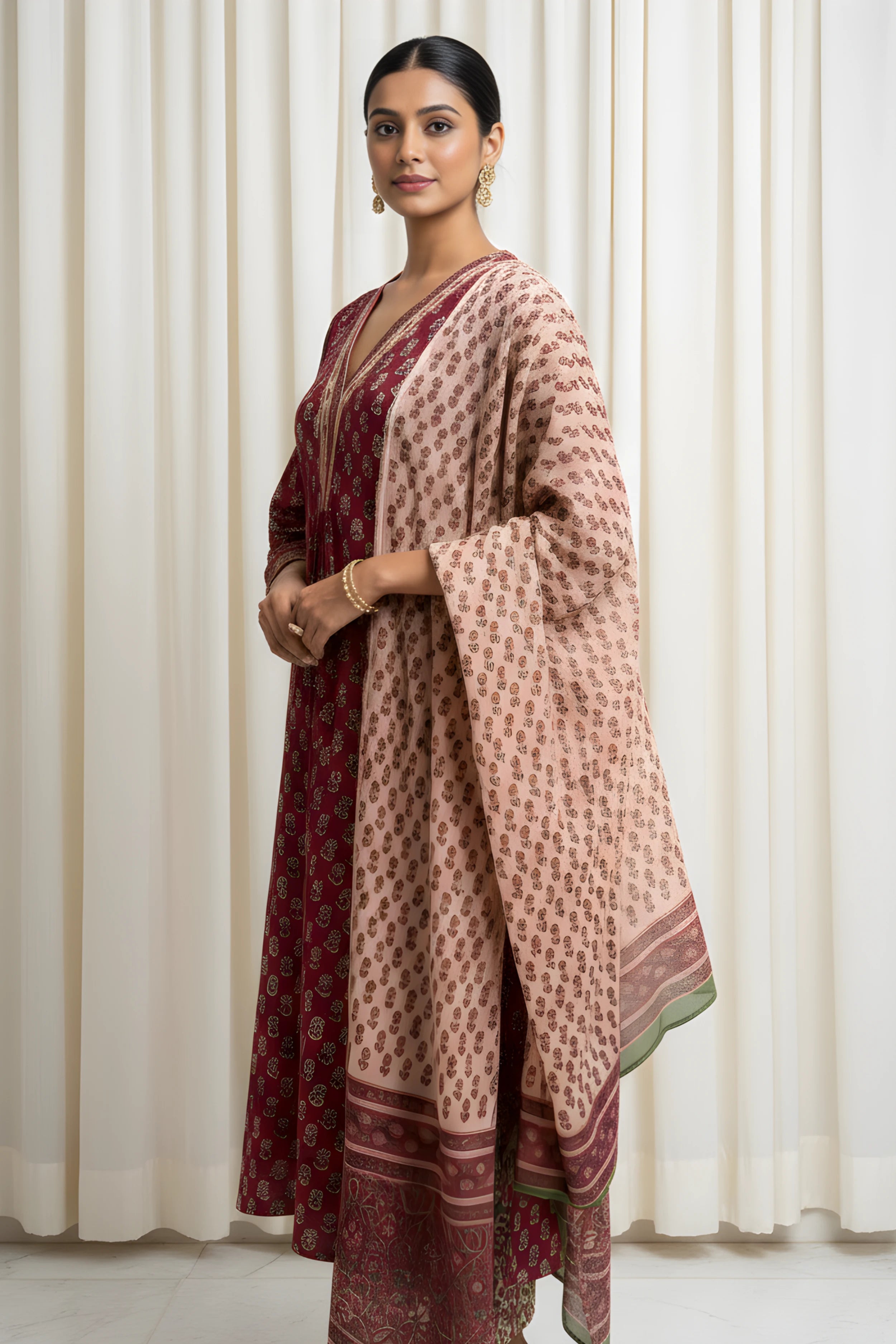 Maroon Hand Block Printed Straight Kurta Set with Dupatta