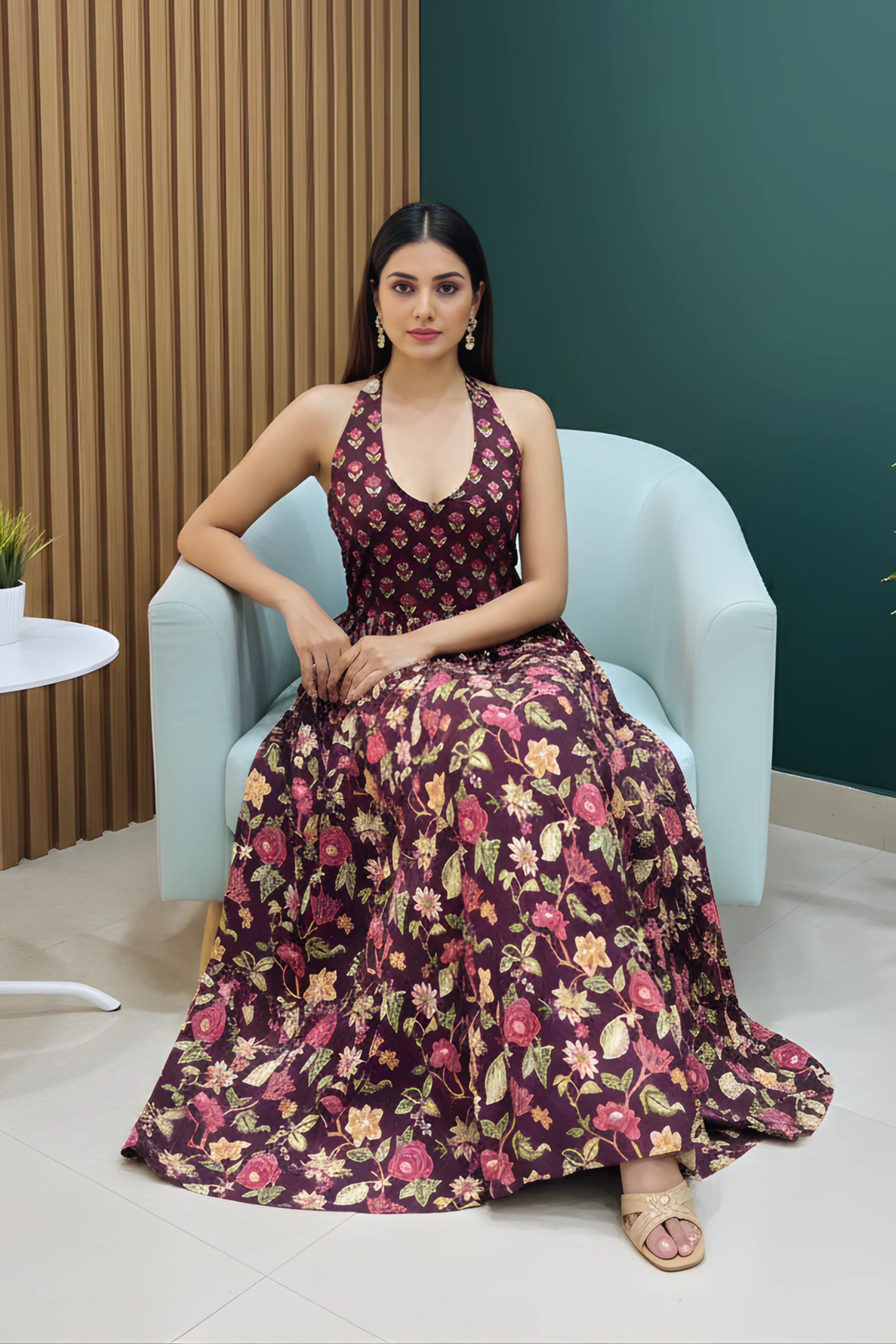 Burgundy Floral Hand Printed Halter Maxi Dress