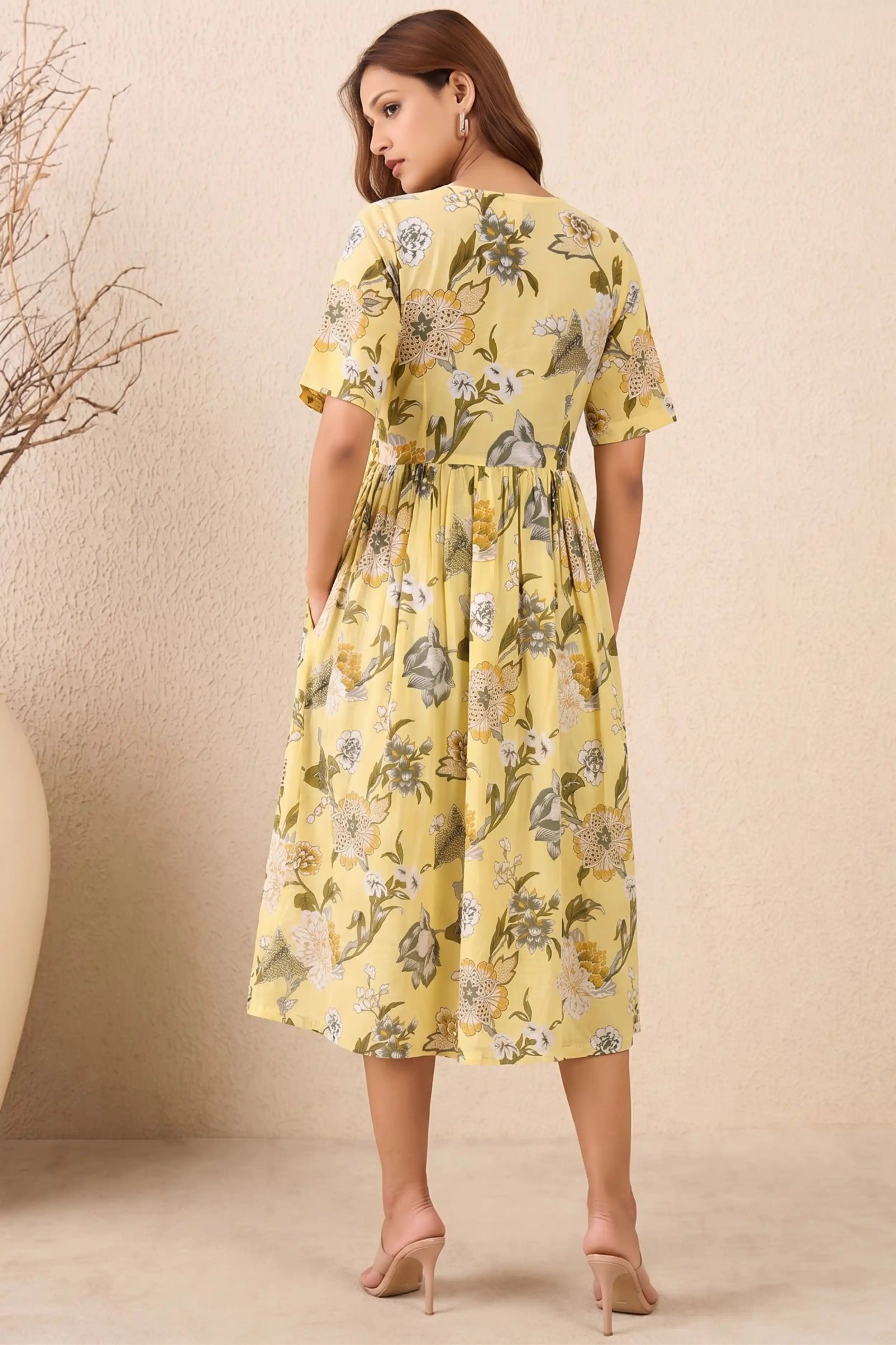 Yellow Hand Printed V-Neck Midi Dress In Angrakha style