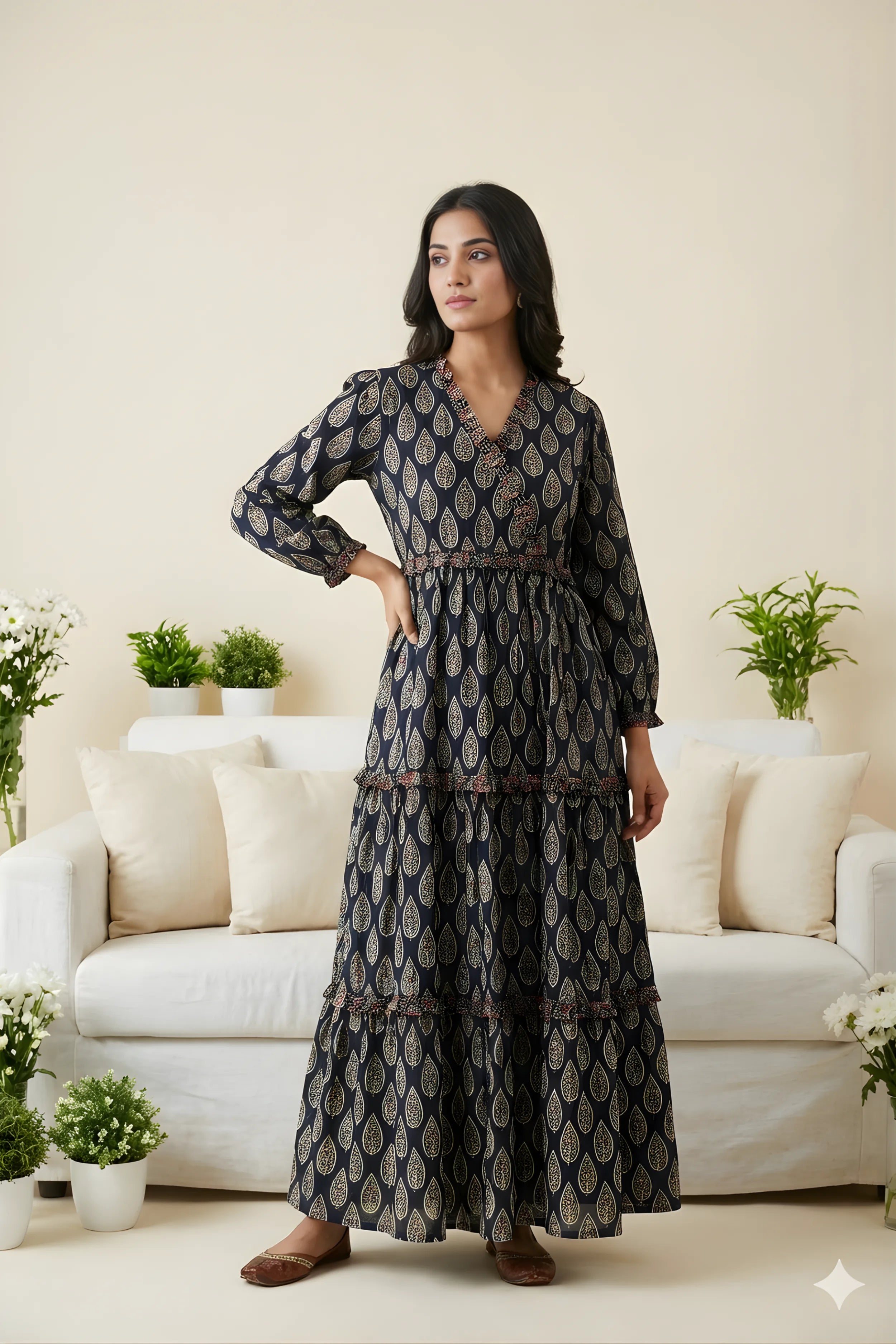 Black Hand Printed Tiered Maxi Dress