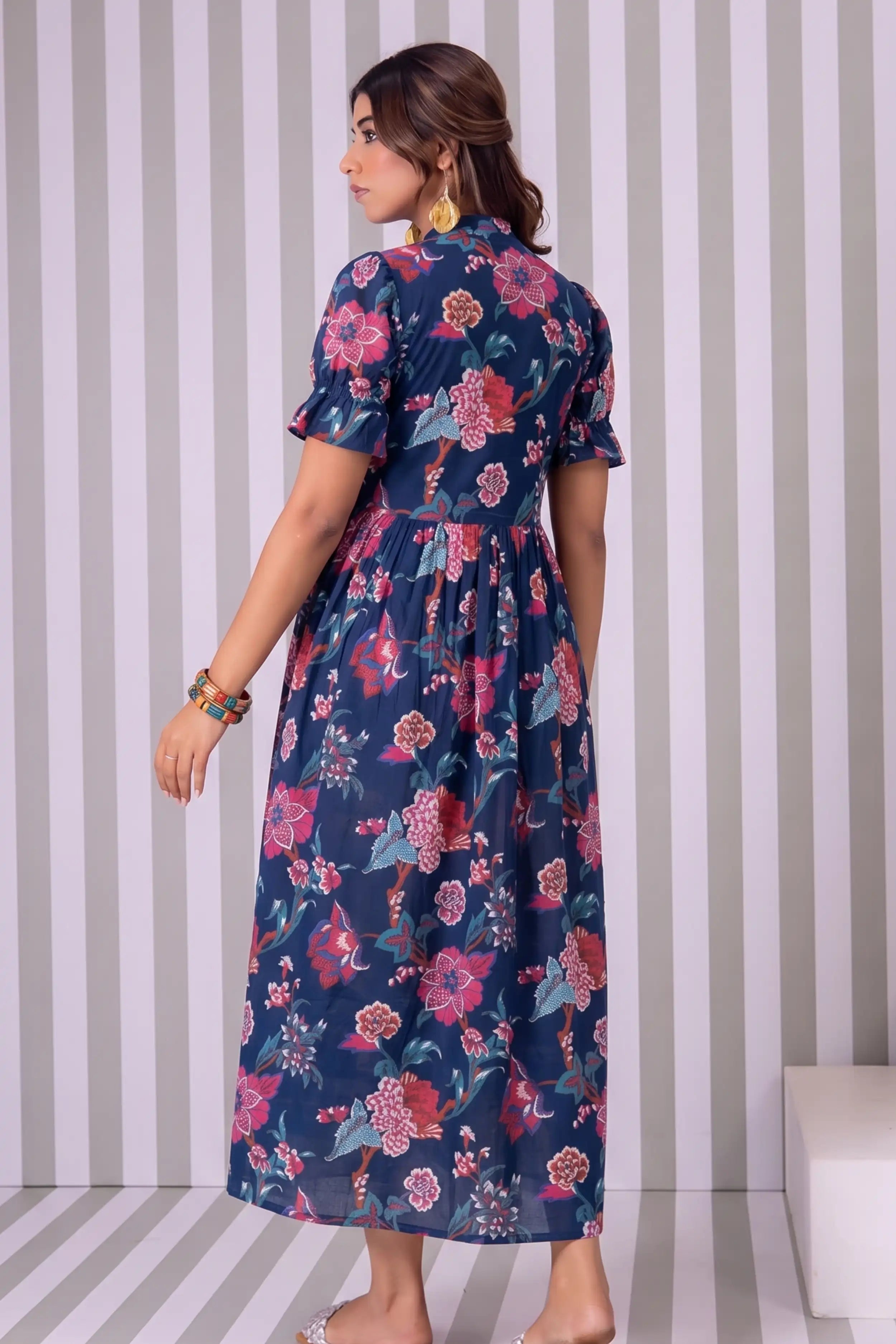 Blue Hand Printed V-Neck Front-Open Long Dress