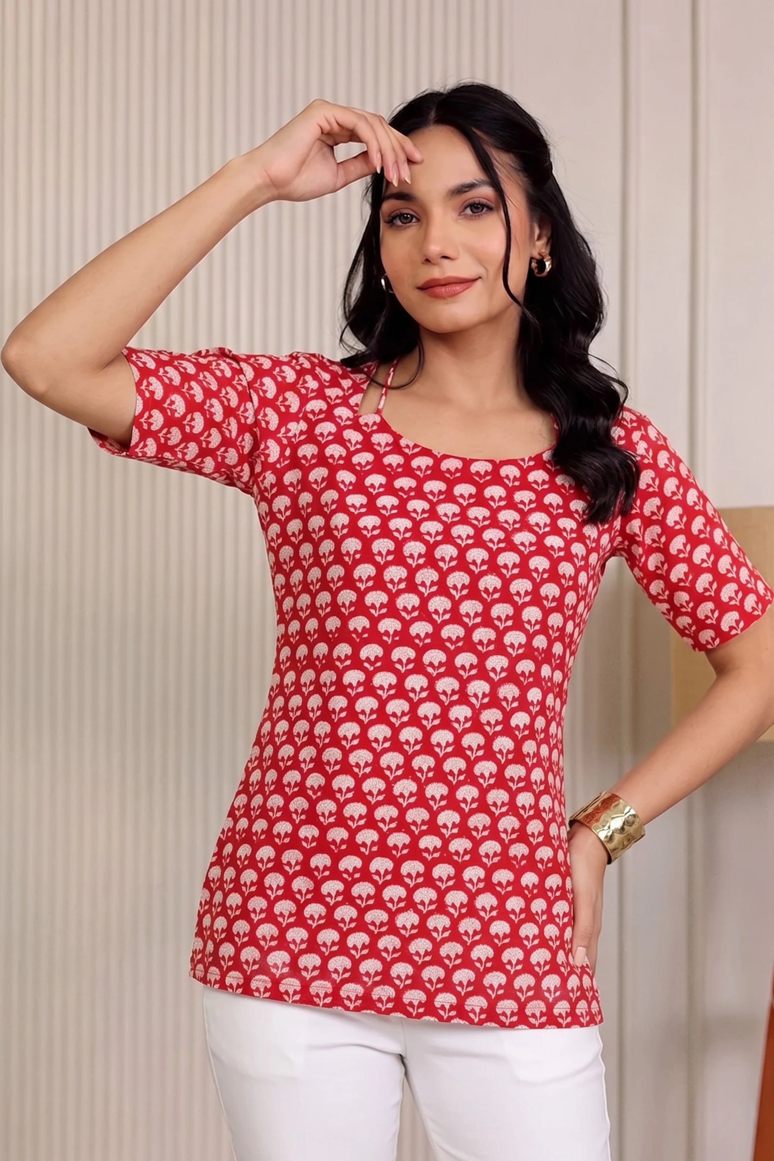 Red Hand Block Printed Cotton Top with Round Neck & Adjustable Back Corset Detail