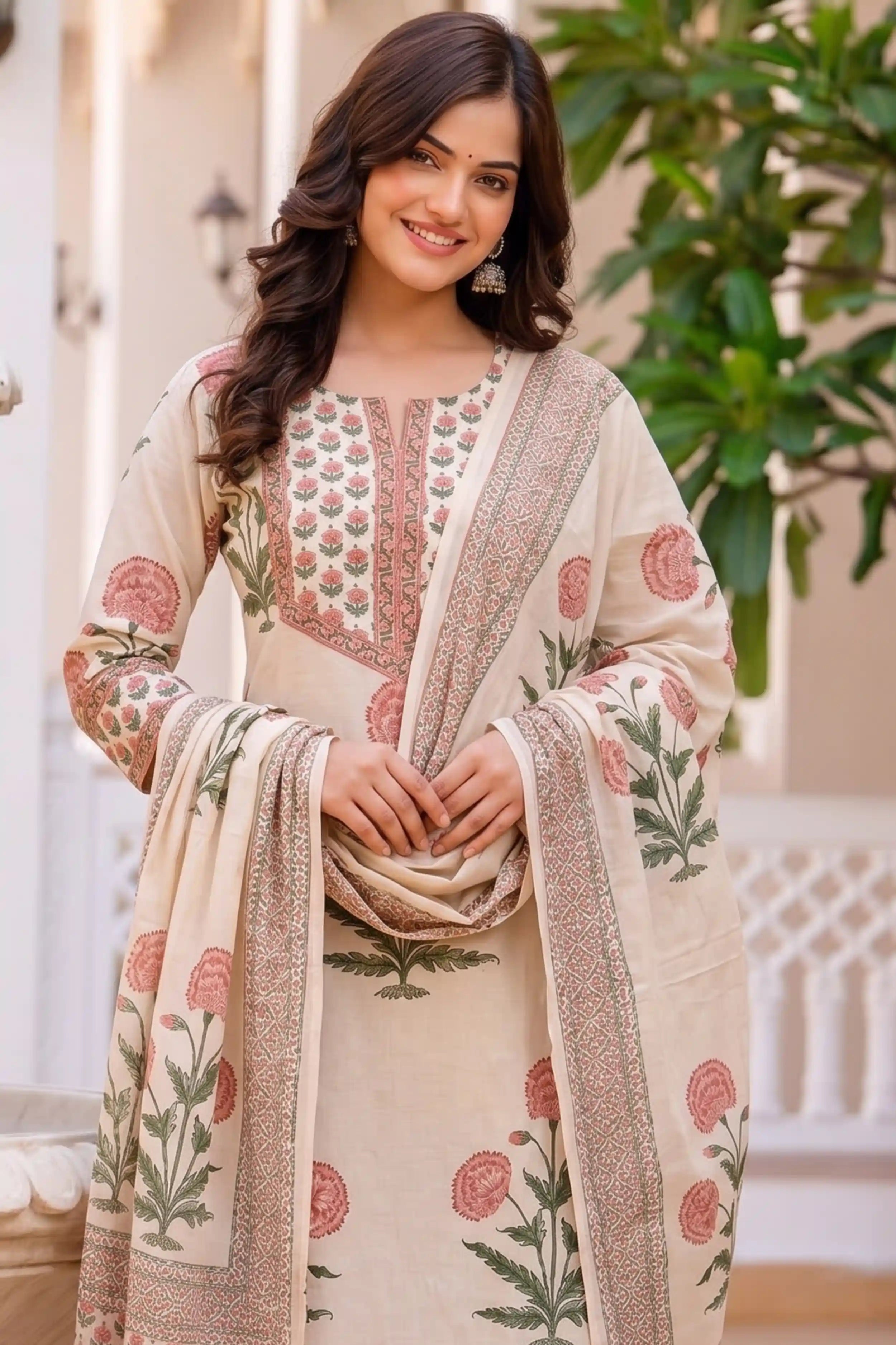 Peach Straight Kurta Set with Cotton Dupatta