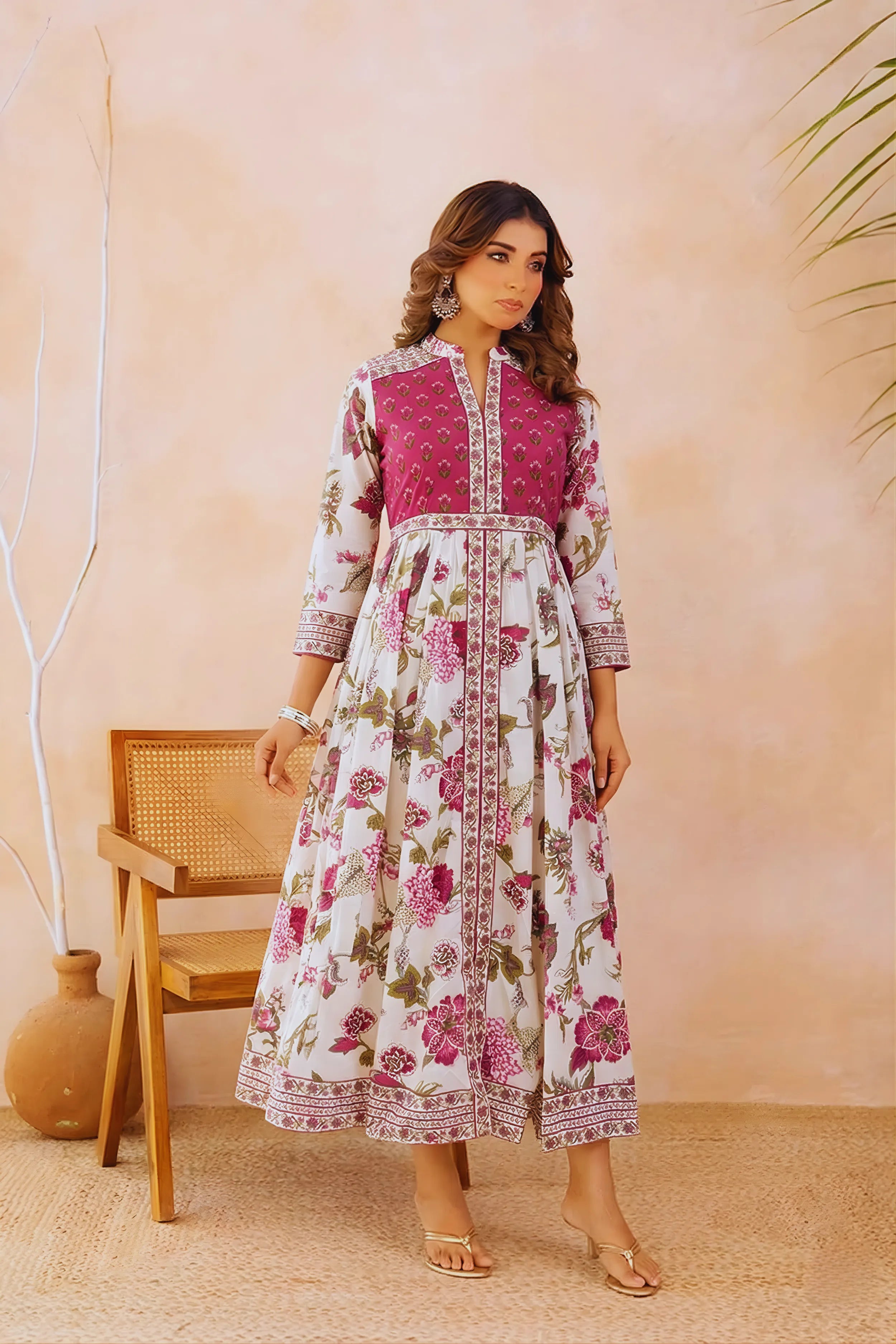 Pink Anarkali Cotton Hand Block Printed Ethnic Maxi Dress